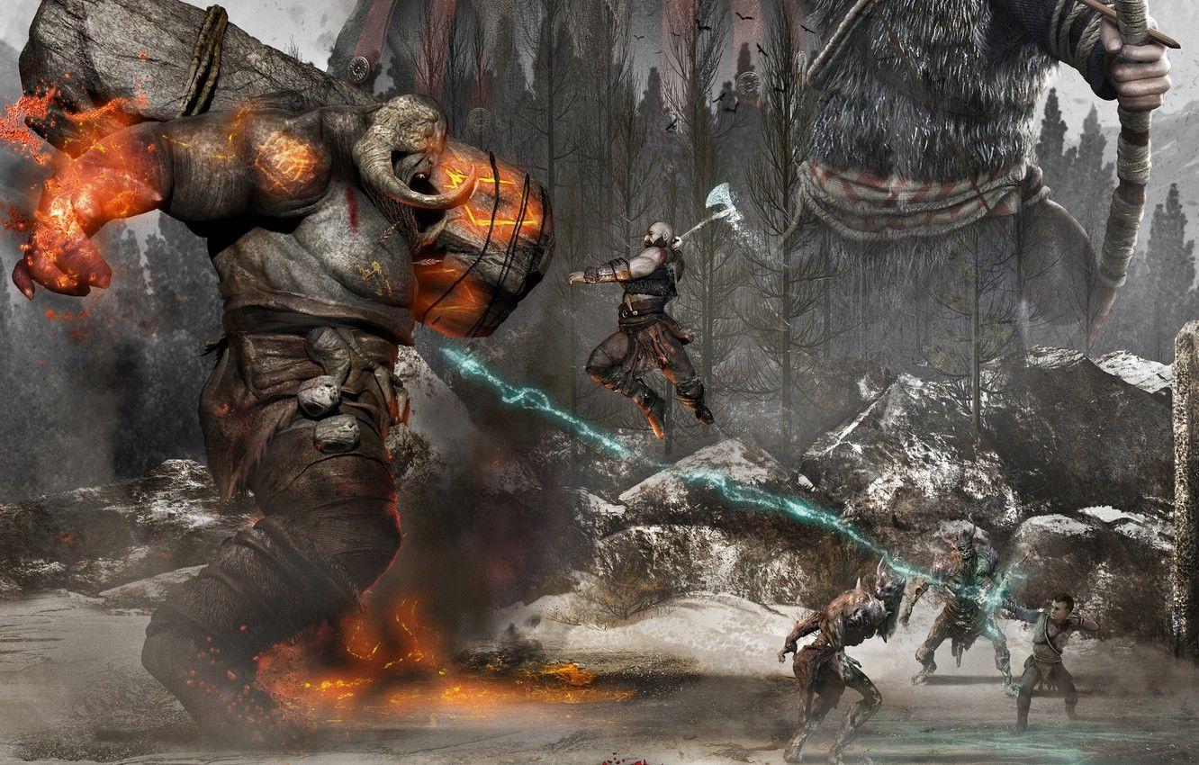 1332x850 Wallpaper forest, monster, warriors, fight, God of War 4