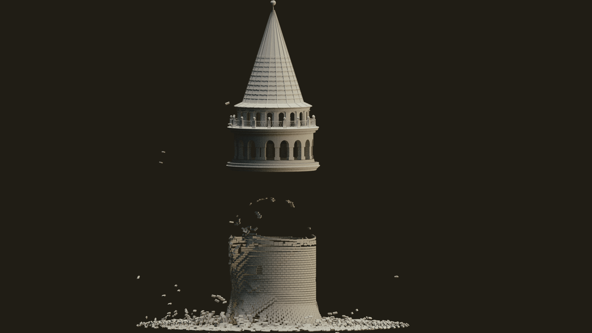 1920x1080 galata tower 3D modelling and physics animation render