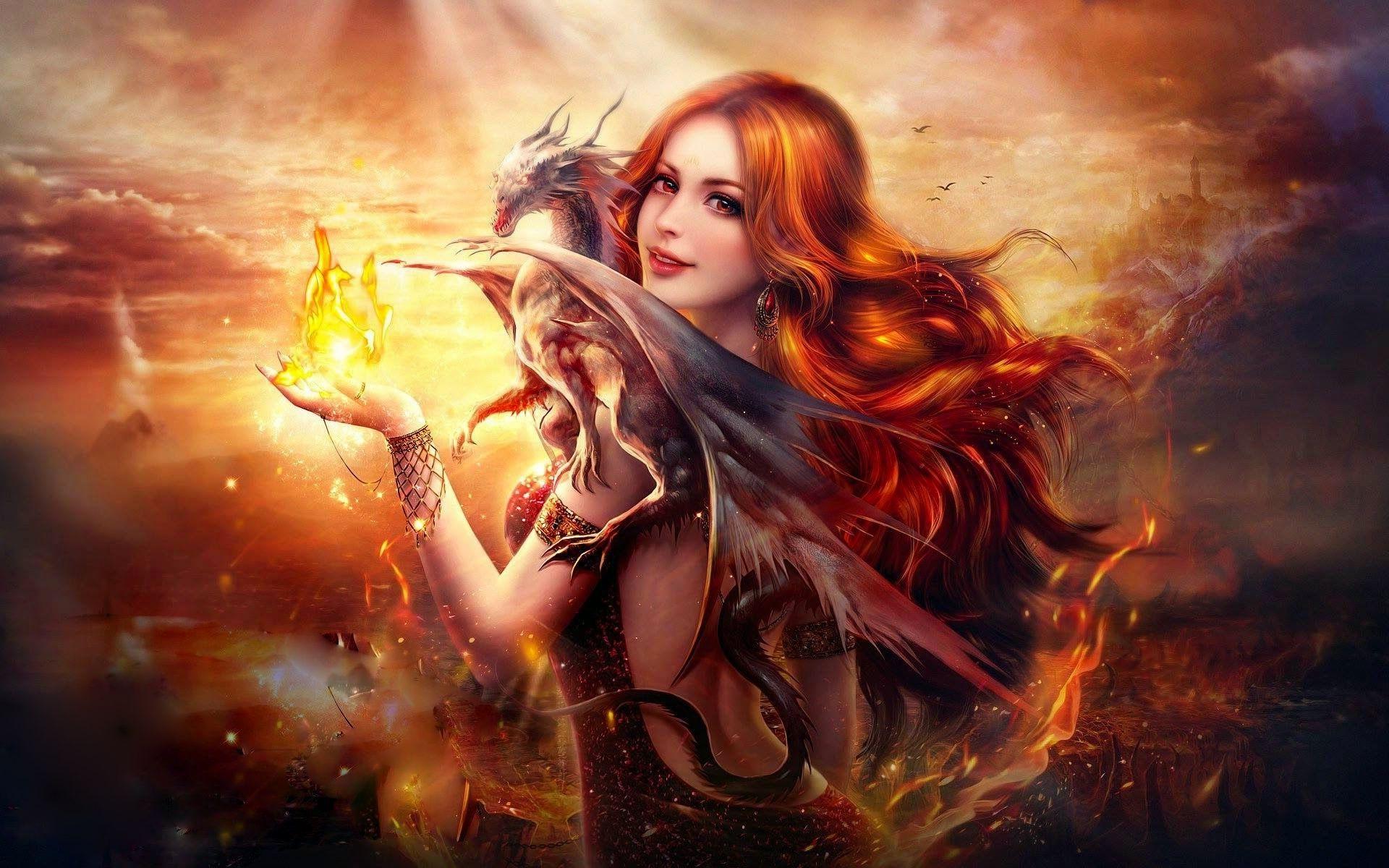 1920x1200 Wallpaper Dragon, Fire, Girl, Fantasy