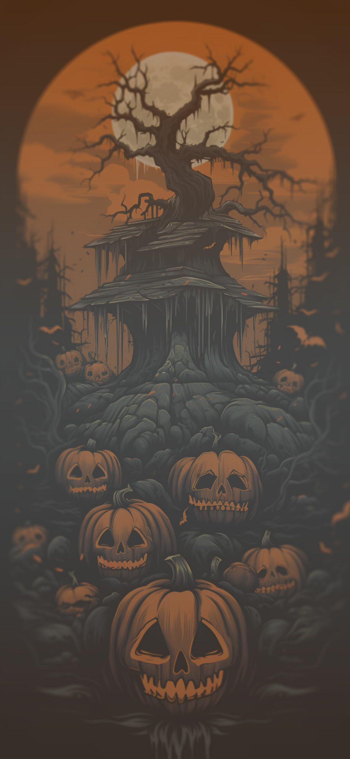 1181x2560 Halloween Pumpkins & House Wallpaper