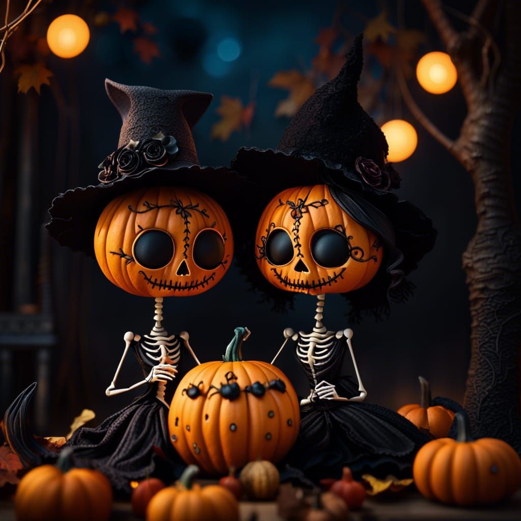 1024x1024 Two romantic pumpkin skeleton women