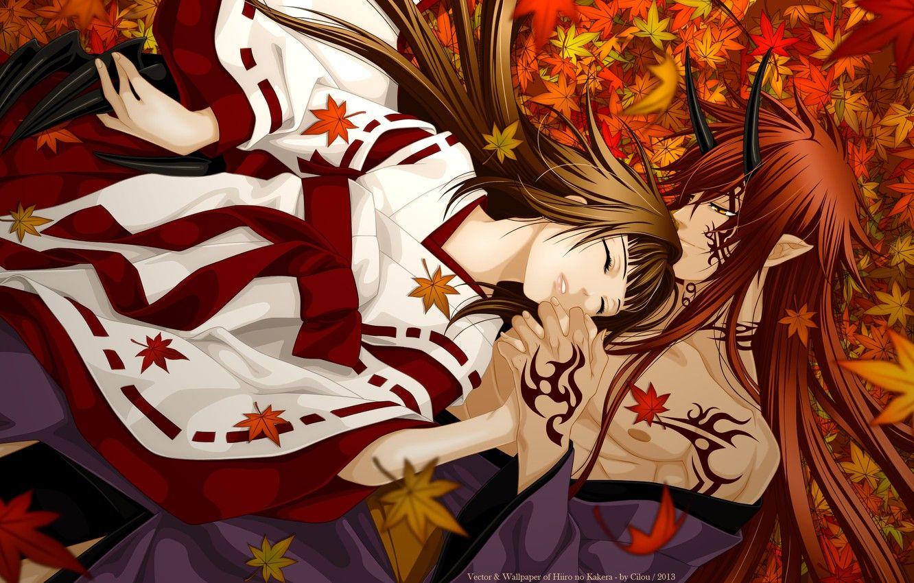 1332x850 Wallpaper girl, anime, the demon, art, horns, guy, kimono