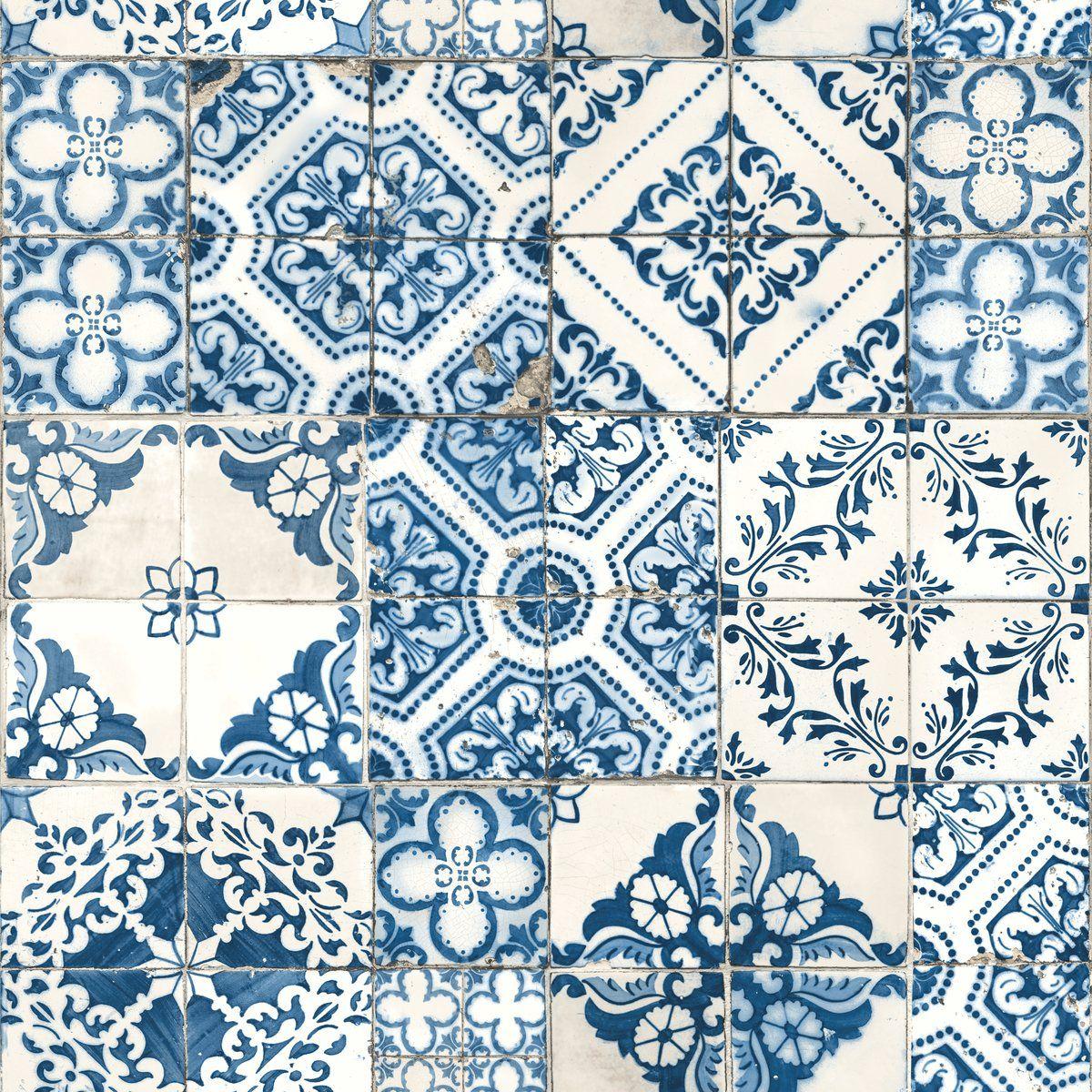 1200x1200 RoomMates Mediterranian Tile Peel and Stick Wallpaper, 20.5 x 16.5 feet, Blue
