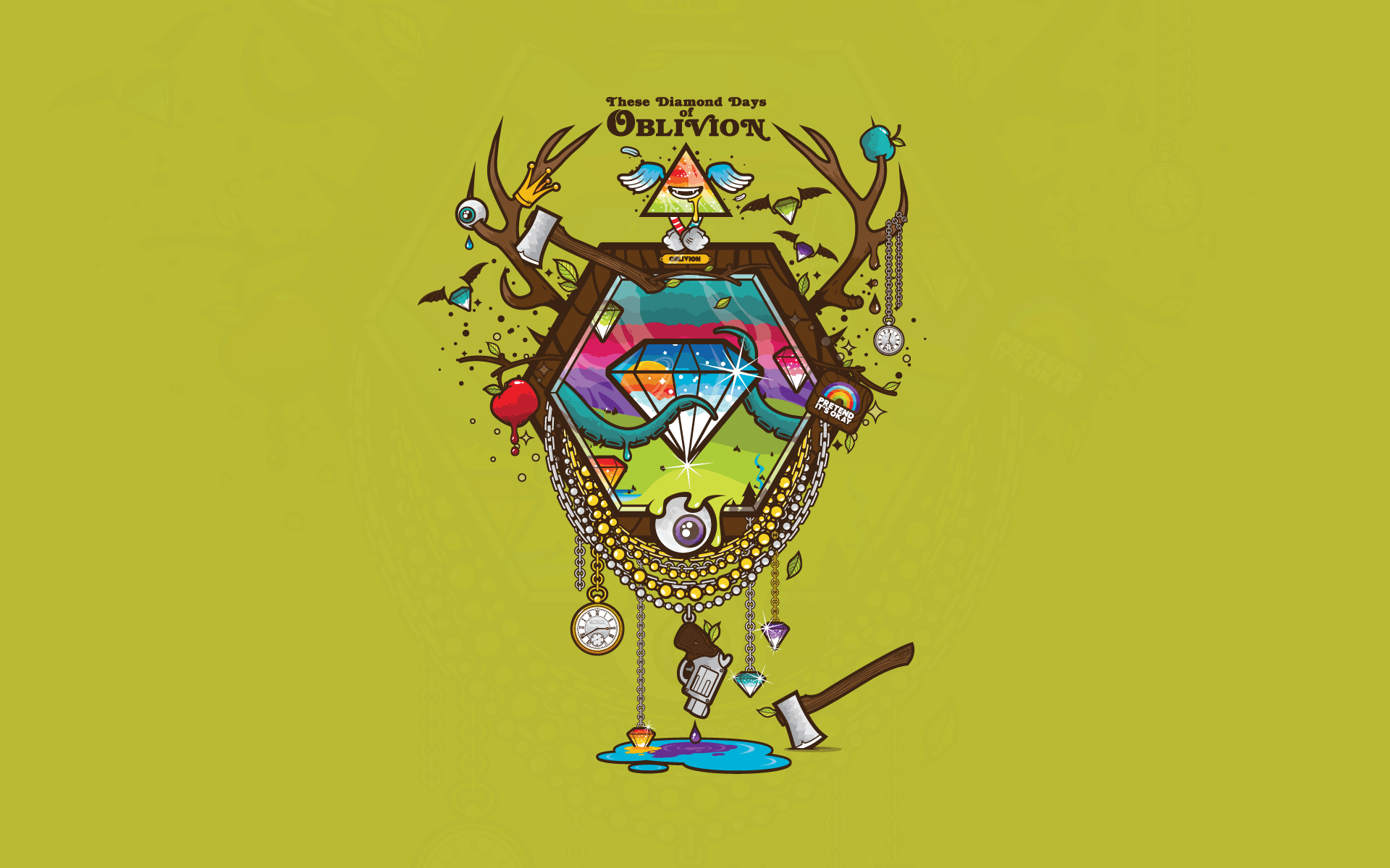 1920x1200 eyes, guns, tentacles, retro, clocks, chains, pop art, diamonds