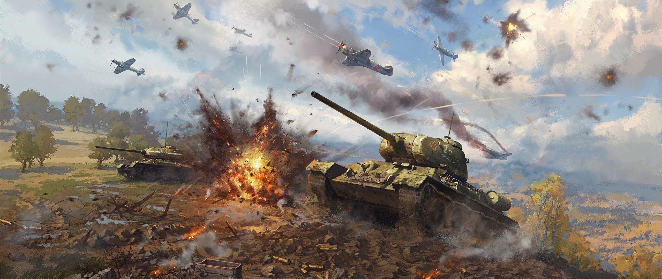 2560x1080 Image War Thunder Fighter aircraft War Tanks Explosions 2560x1080