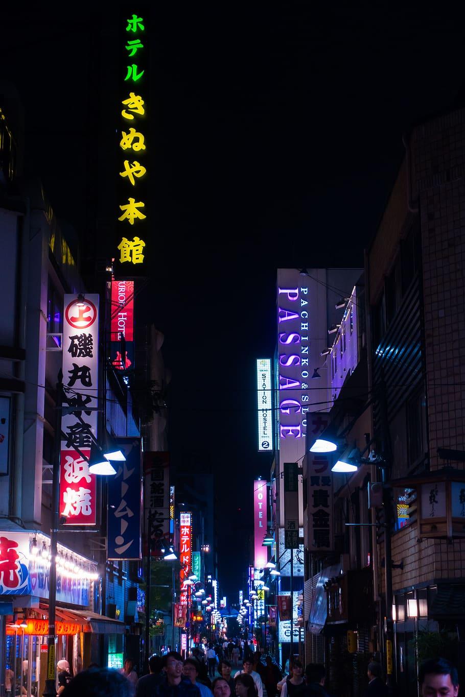 A night of the neon street at the downtown in Shinjuku Tokyo wide shot  wallpaper Stock Illustration  Adobe Stock