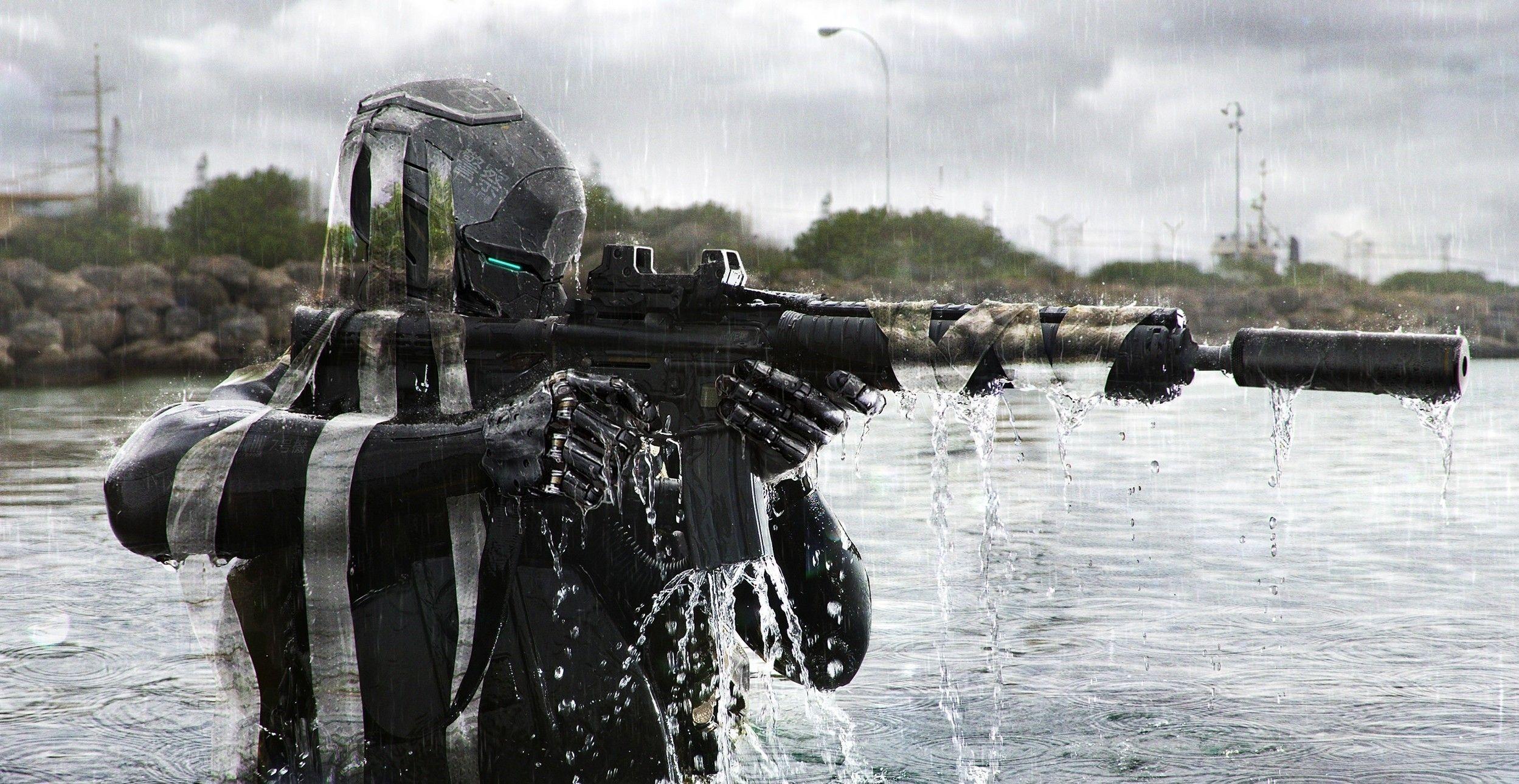 2498x1290 artwork, Futuristic, Soldier, Gun Wallpaper HD / Desktop and Mobile