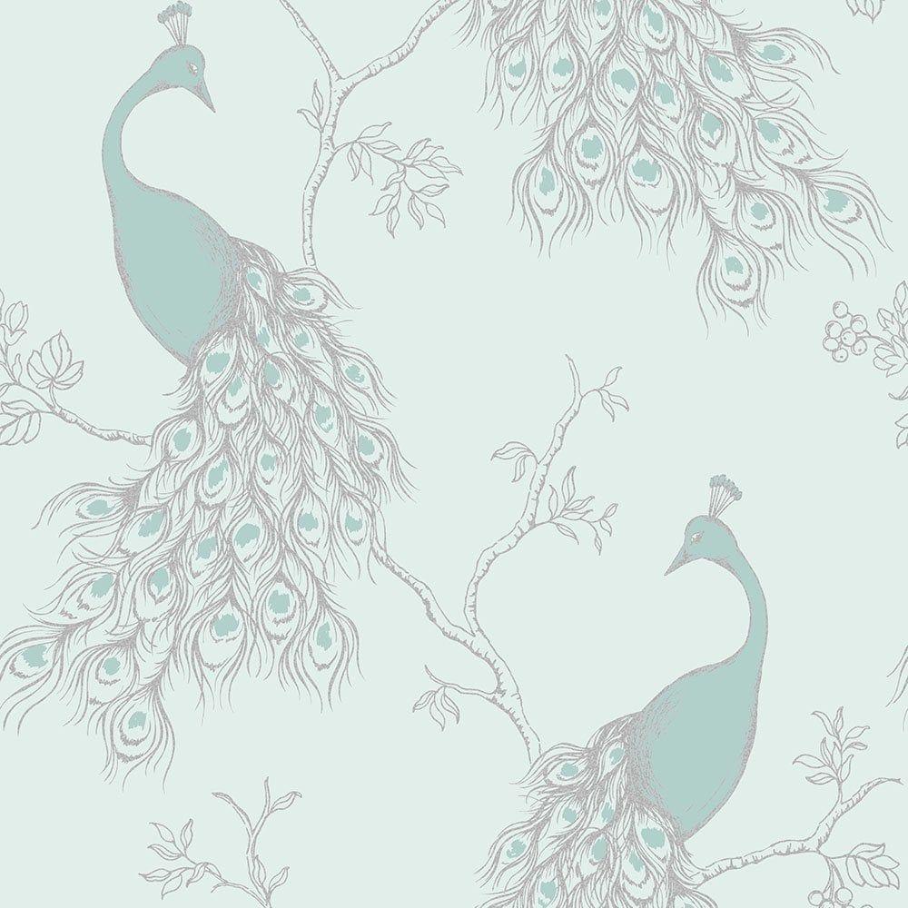 1000x1000 Fine Decor Peacock Empress Wallpaper Teal / Duck Egg FD40713