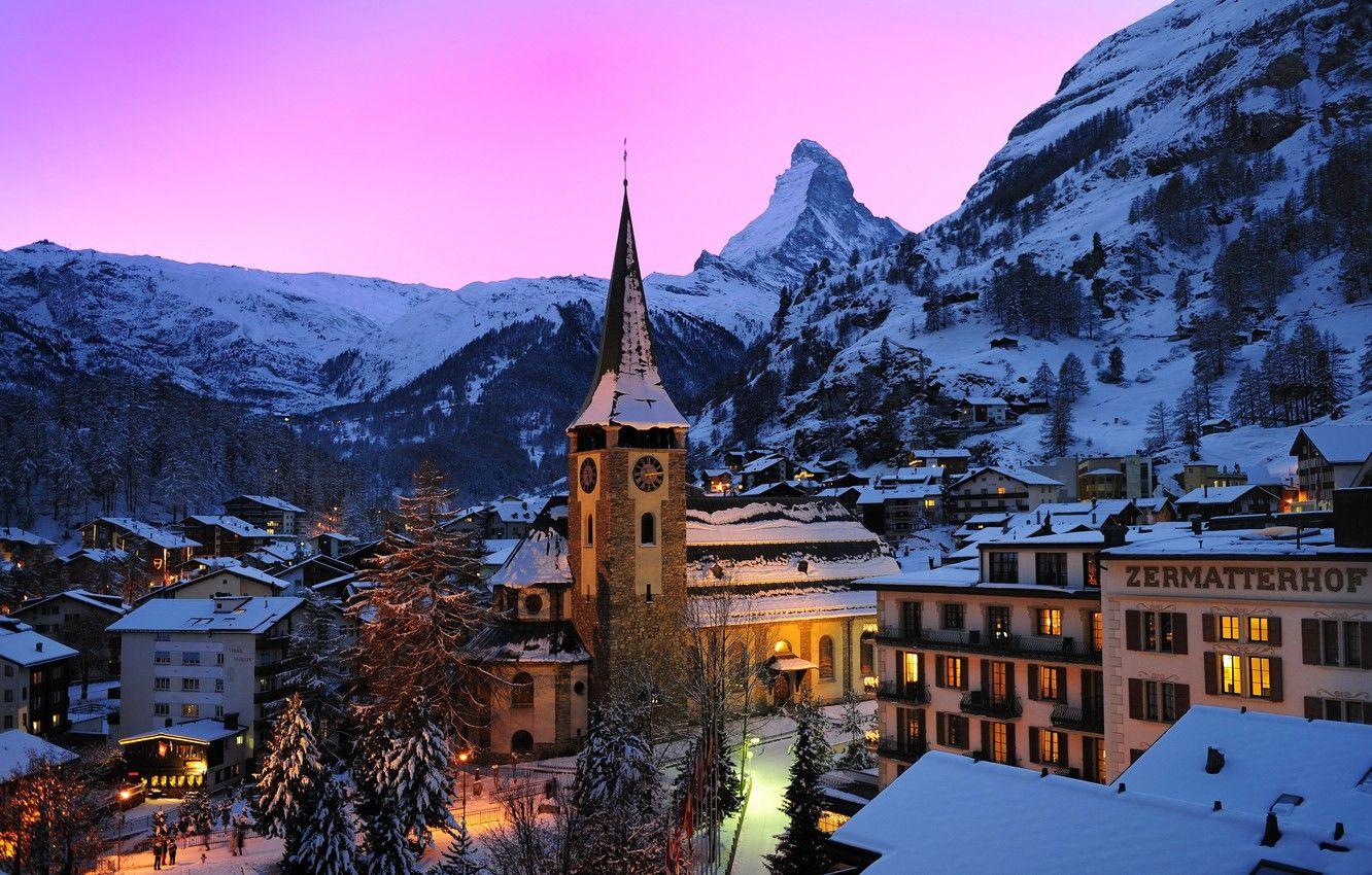 1332x850 Wallpaper the sky, trees, sunset, mountains, lights, rocks, home, the evening, Switzerland, Alps, glow, town, Zermatt, Swiss Alps image for desktop, section пейзажи