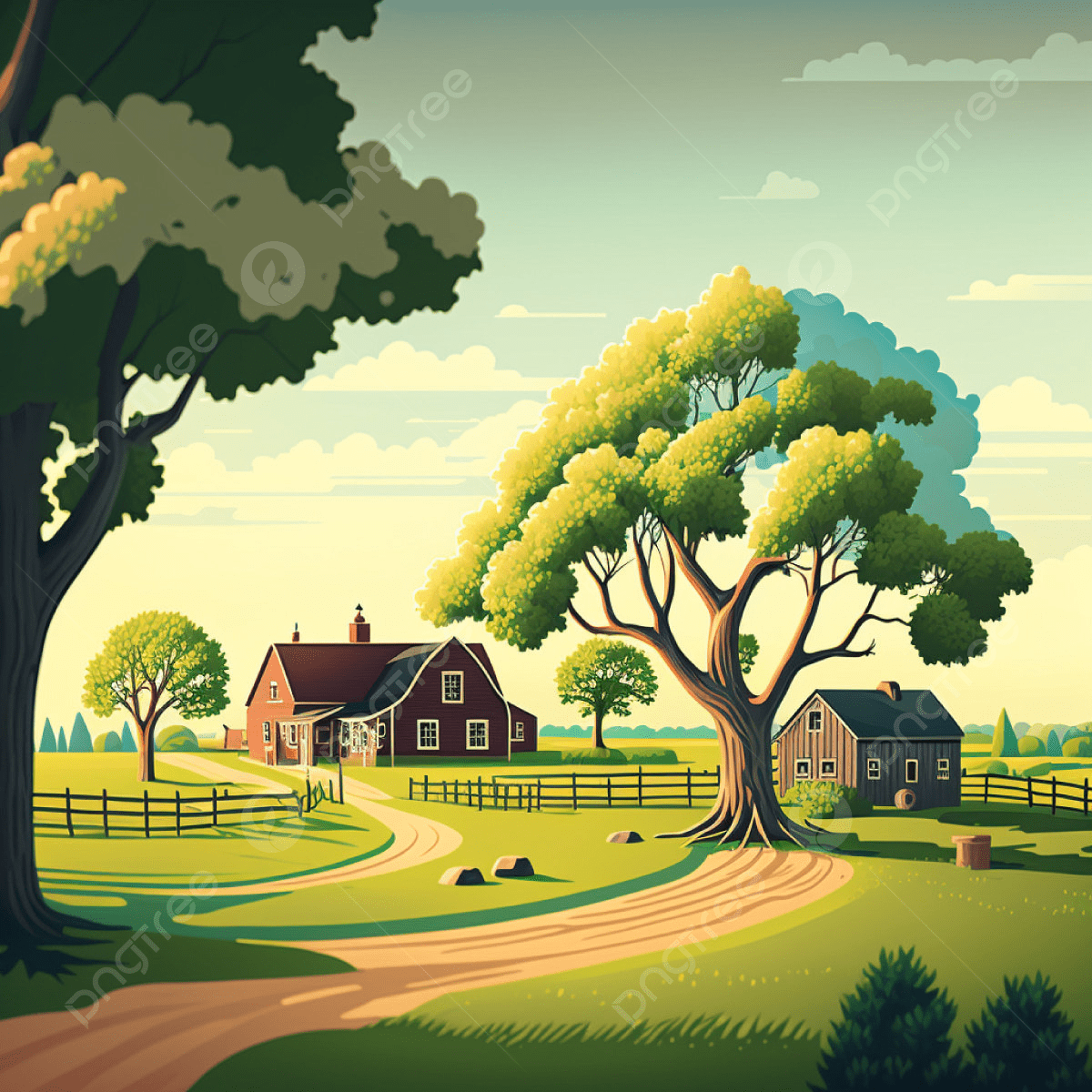 1200x1200 Summer Day Village Cartoon Background