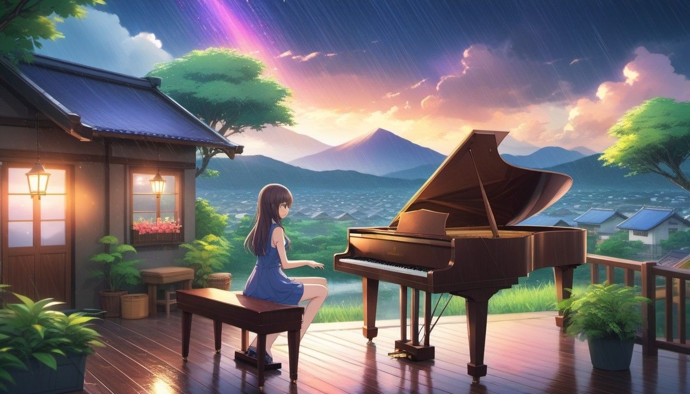 1344x768 Lady Playing Piano in Gloomy Summer