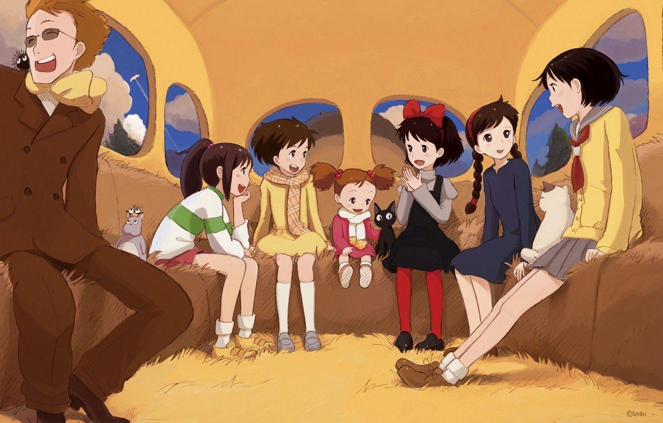 1332x850 Wallpaper cat, girls, anime, art, witch, my neighbor Totoro