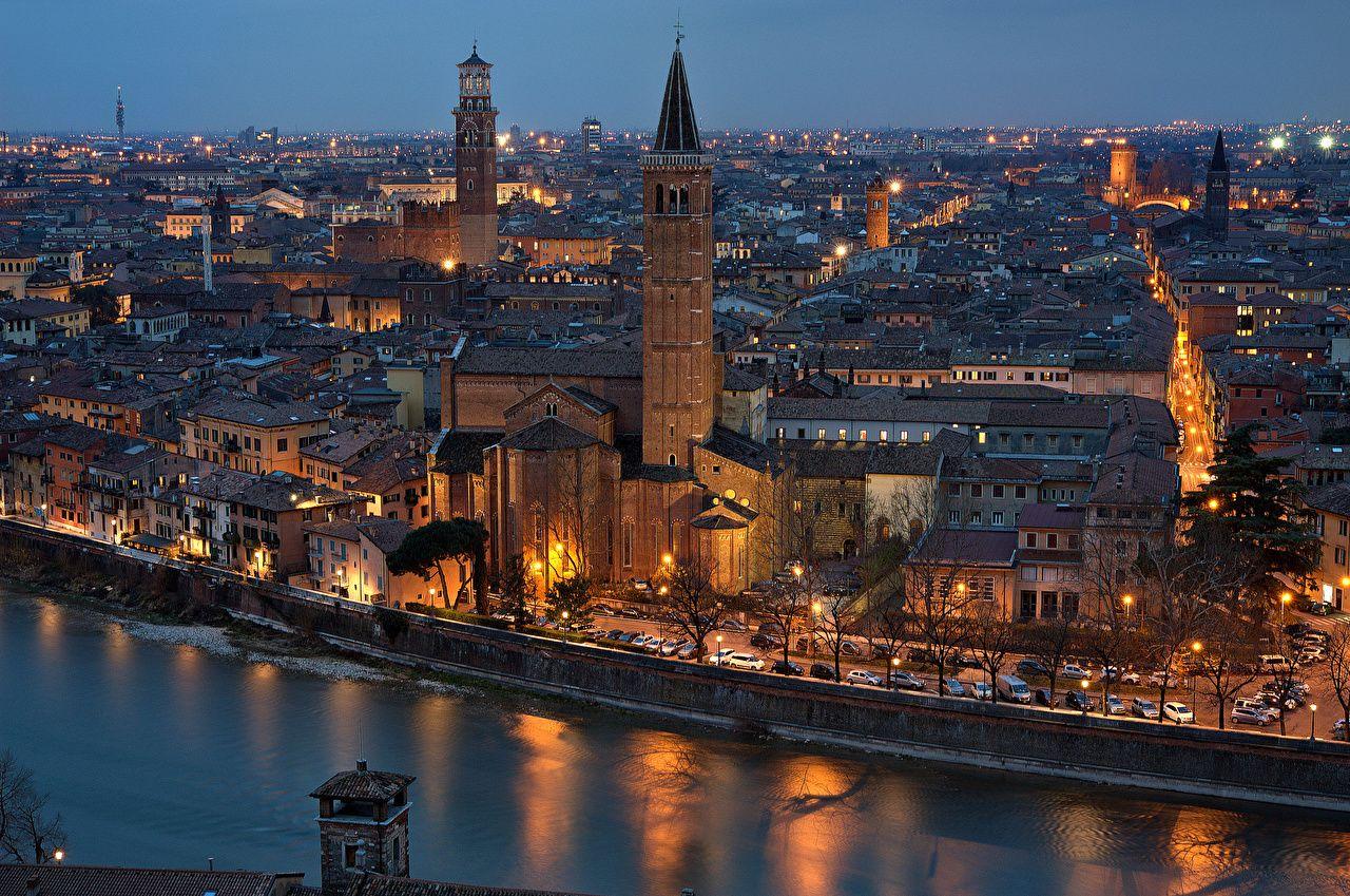 1280x849 Desktop Wallpaper Verona Italy river night time Cities Houses