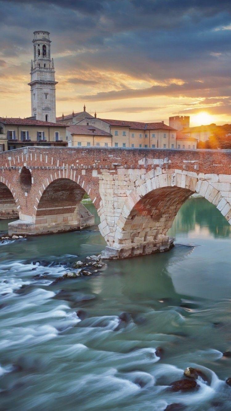 750x1334 Download 750x1334 Italy, Verona, River, Bridge, Sunset