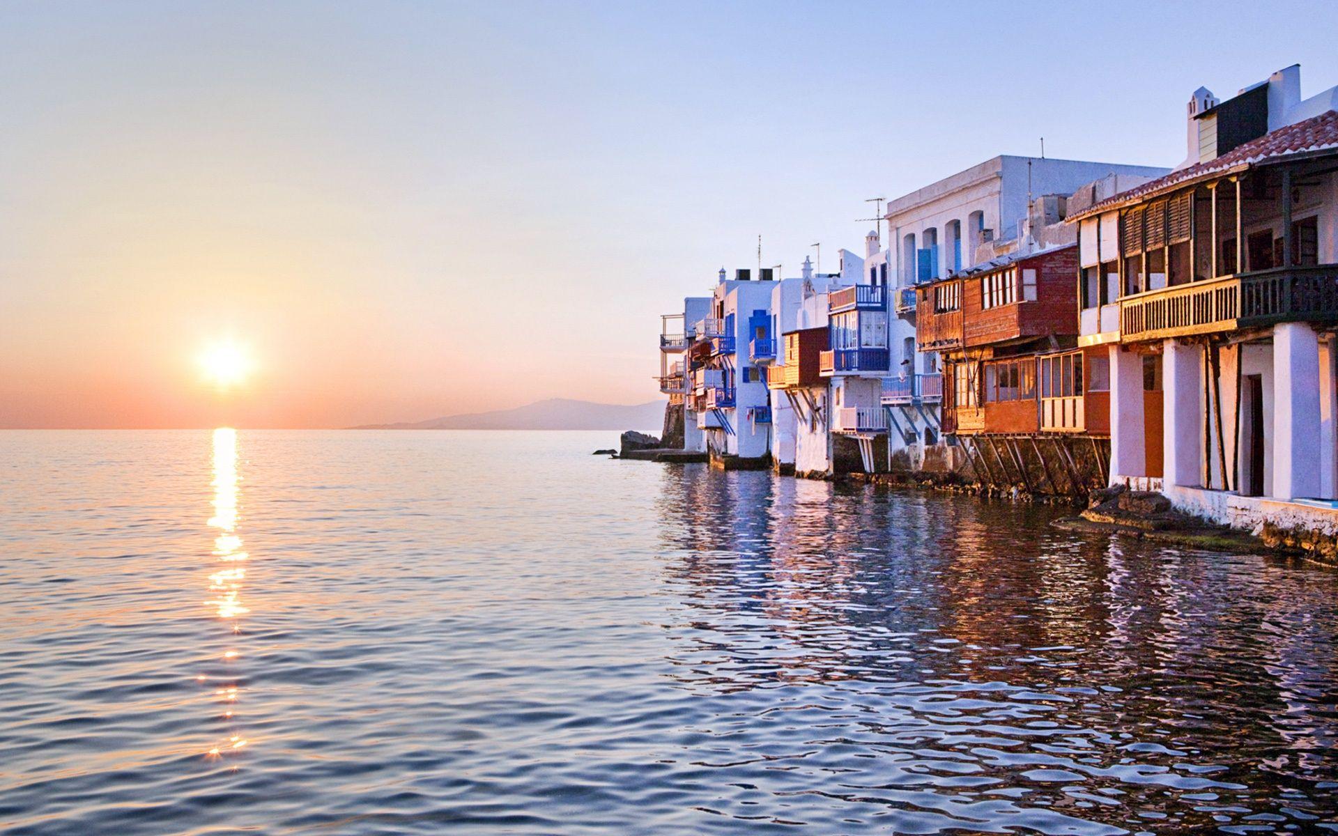 1920x1200 Wallpaper Sunset reflected over sea, Little Venice, Mykonos