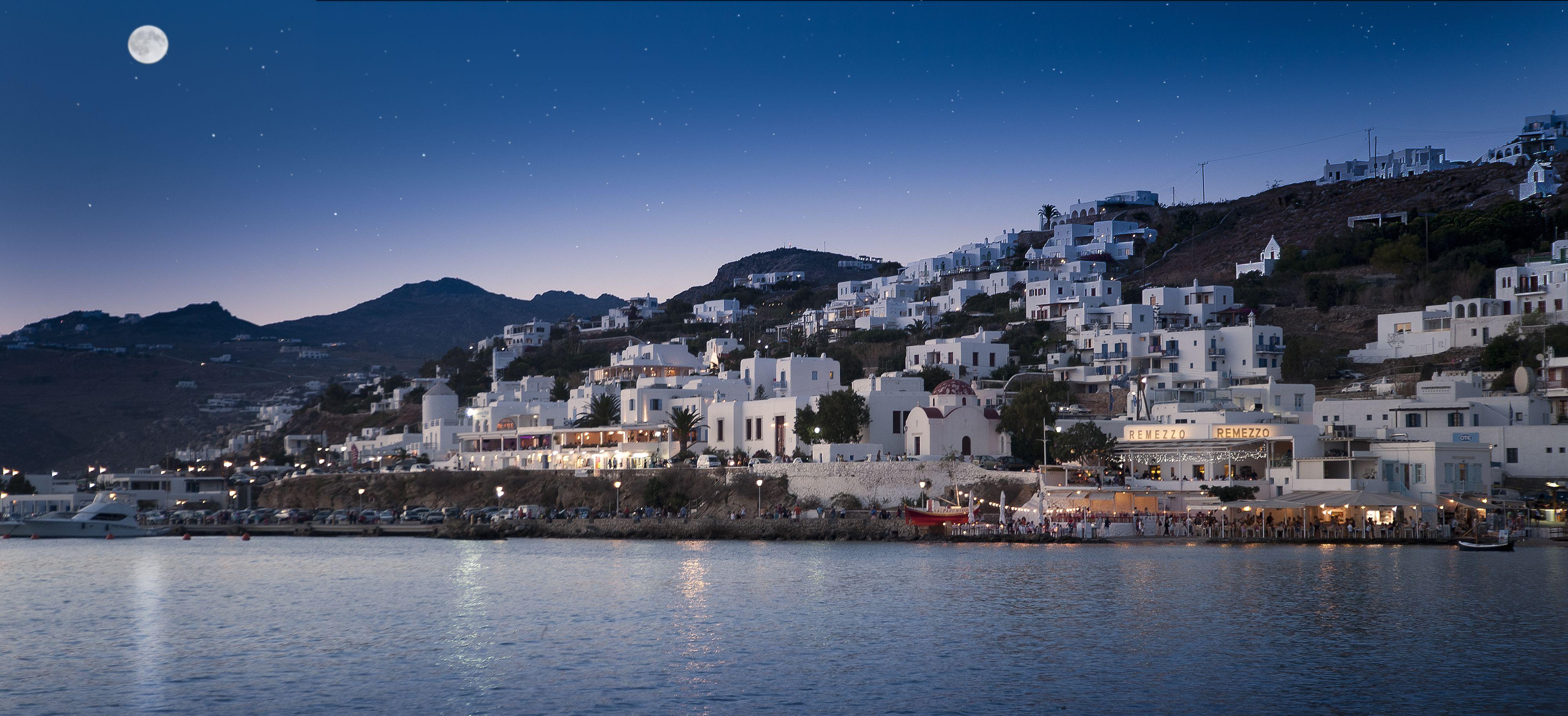 4000x1828 Desktop Wallpaper Greece mykonos mediterranean Sky Moon