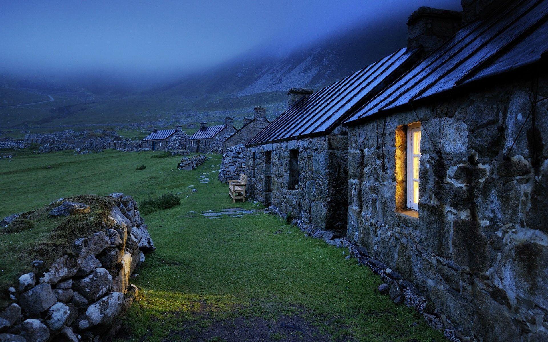 1920x1200 Landscapes houses rocks mist Scotland window panes stone houses