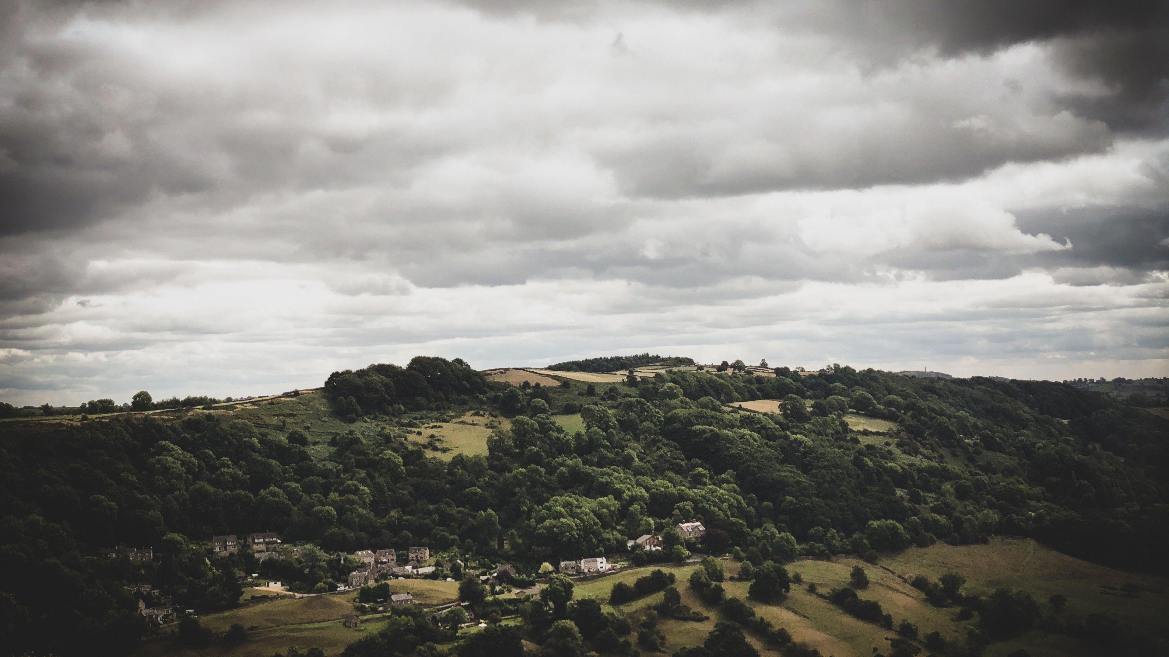 3840x2160 Download 3840x2160 Dark Weather, Hill, Trees, Houses, Scenic