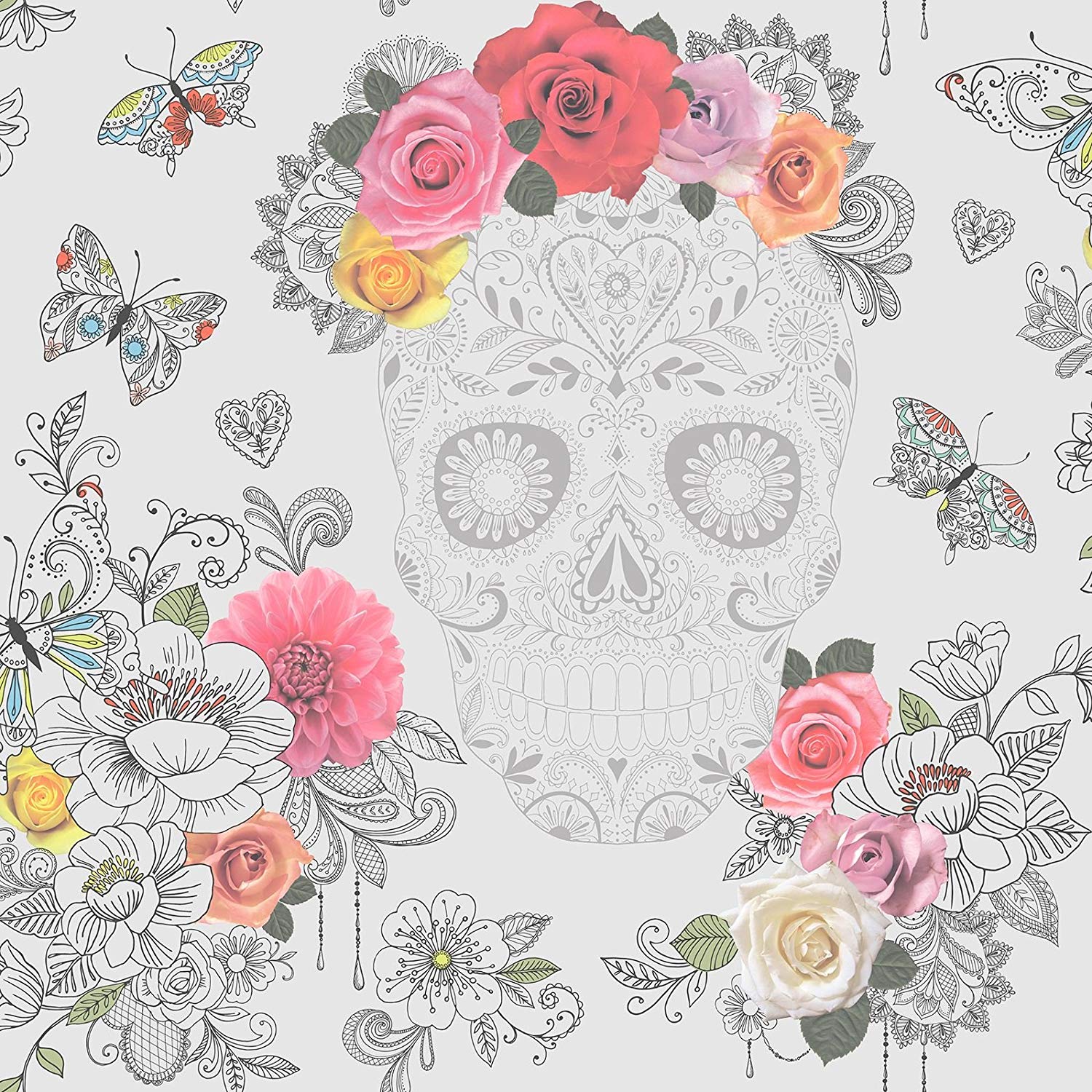 1500x1500 Sugar Skulls Wallpaper Grey And Silver Rasch 278033