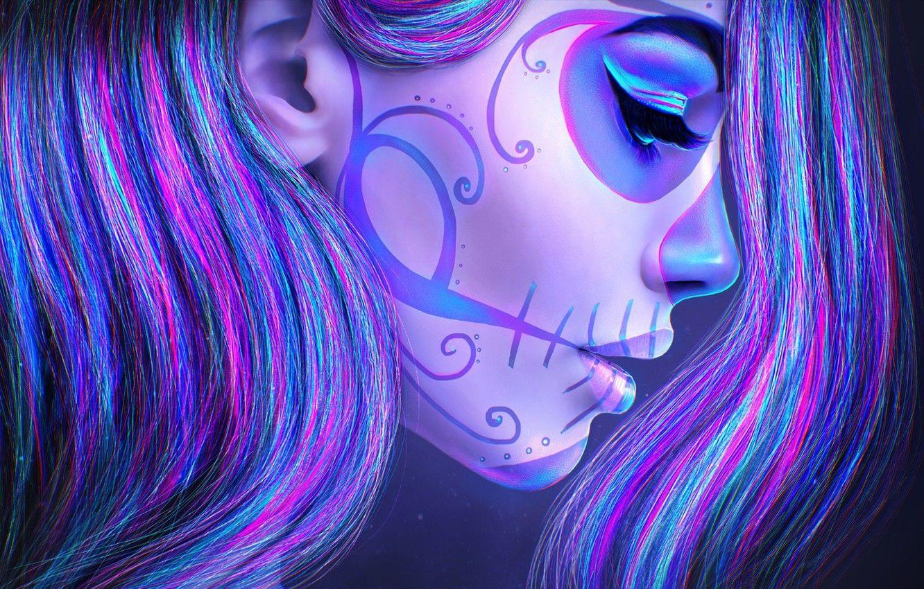 1332x850 Wallpaper girl, face, death, hair, skull, beauty, makeup, tattoo, art, day of the dead, sugar skull image for desktop, section живопись