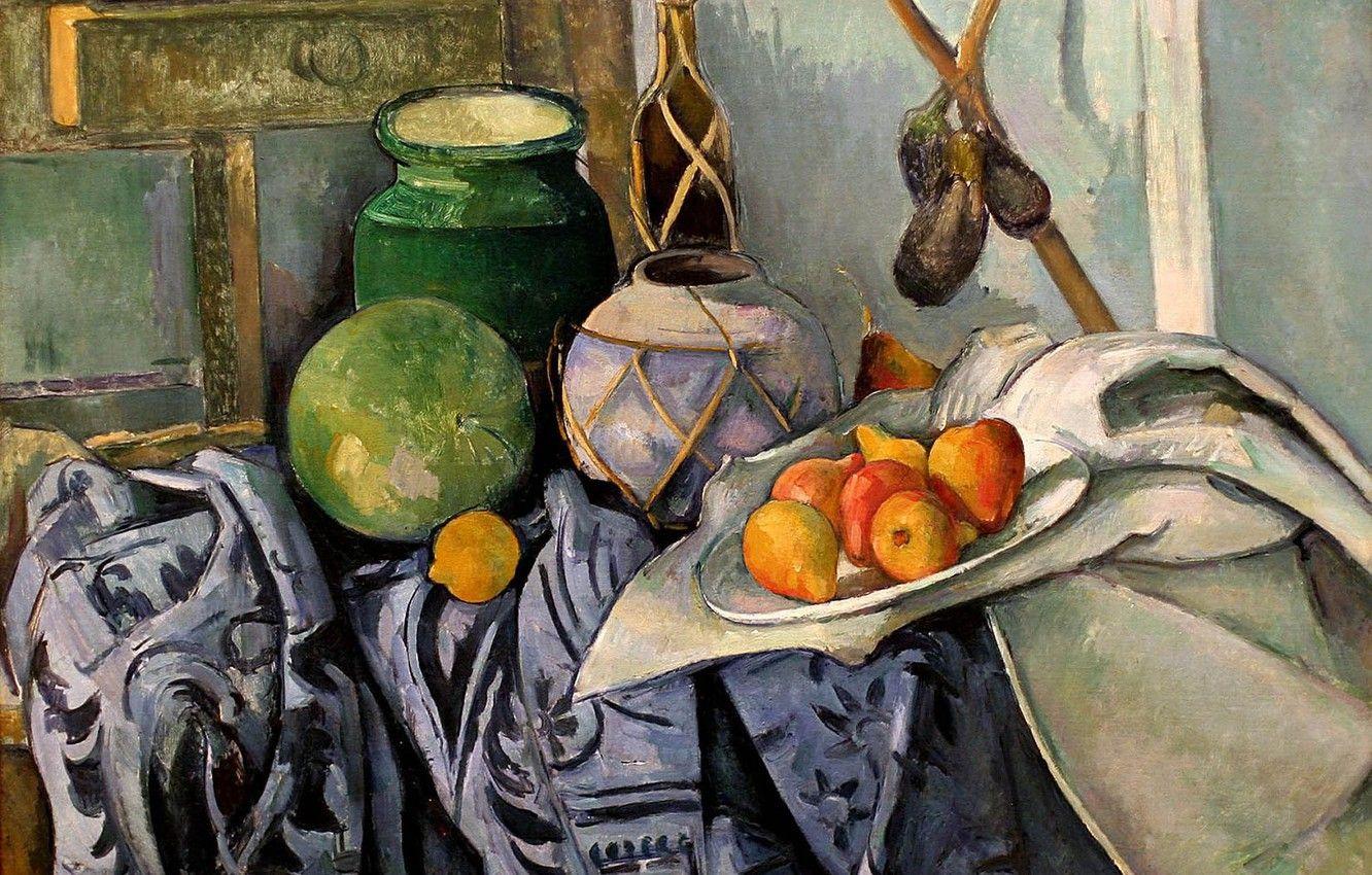 1332x850 Wallpaper lemon, apples, watermelon, pitcher, Paul Cezanne