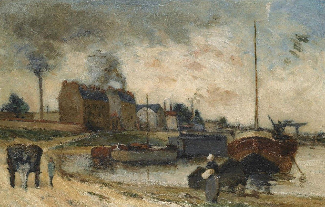 1332x850 Wallpaper landscape, boat, smoke, picture, pipe, factory