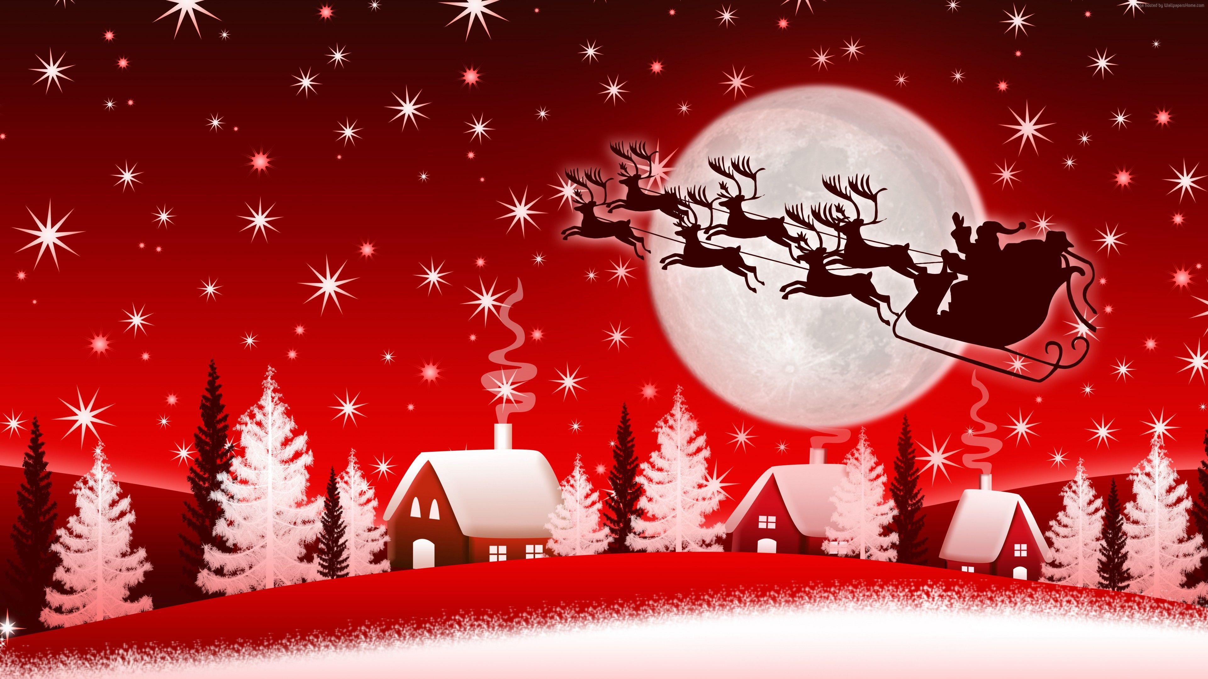 3840x2160 Wallpaper Christmas, New Year, Santa, deer, moon, winter, 8k