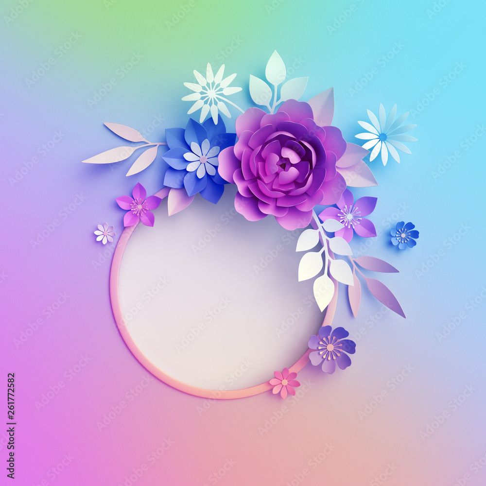 1000x1000 3D render, neon paper flowers, isolated