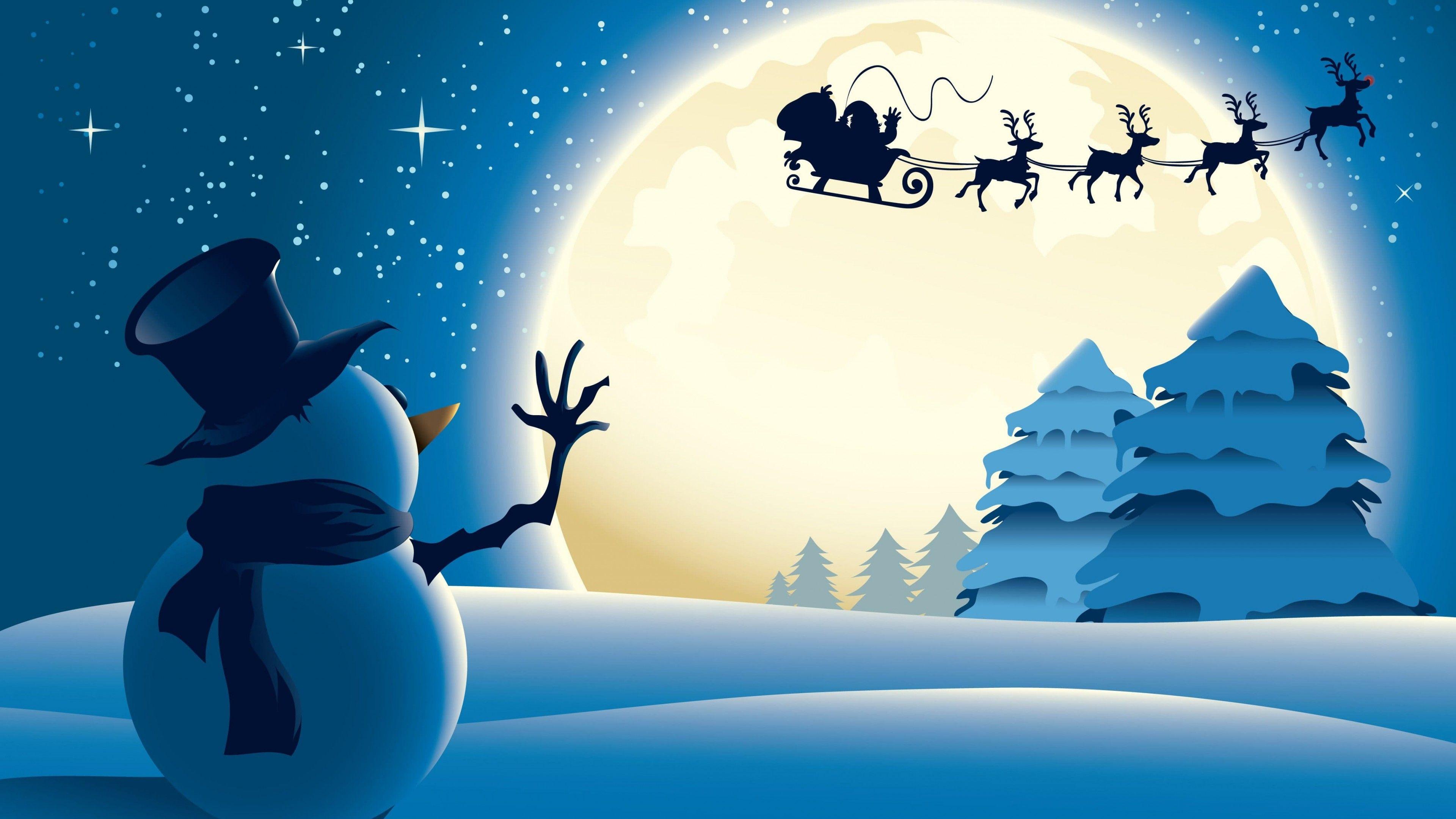 3840x2160 Hình nền Giáng sinh, Năm mới, Ông già Noel, con nai, Người tuyết, mặt trăng