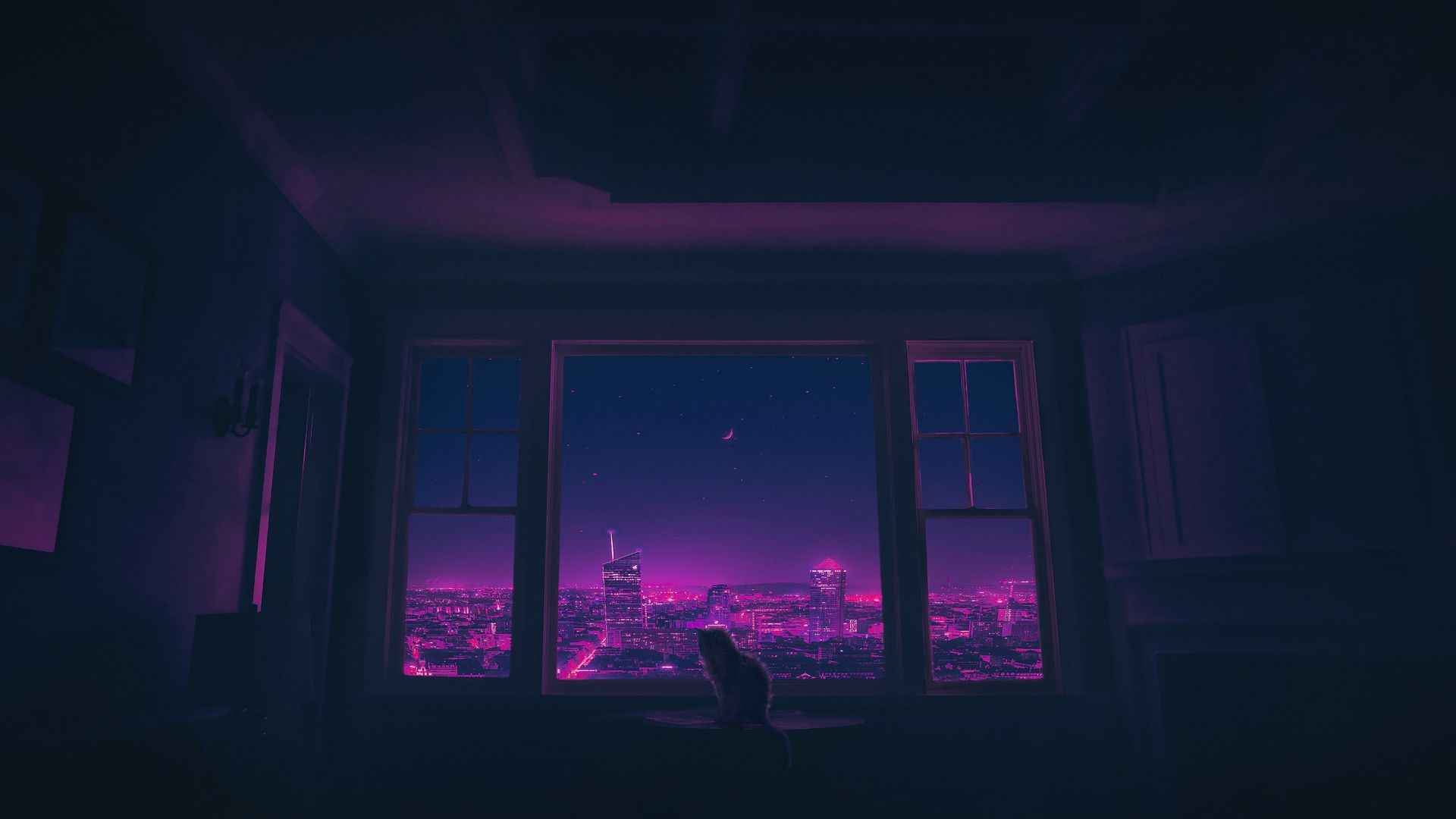 1920x1080 Cat outside synthwave city 1920x1080