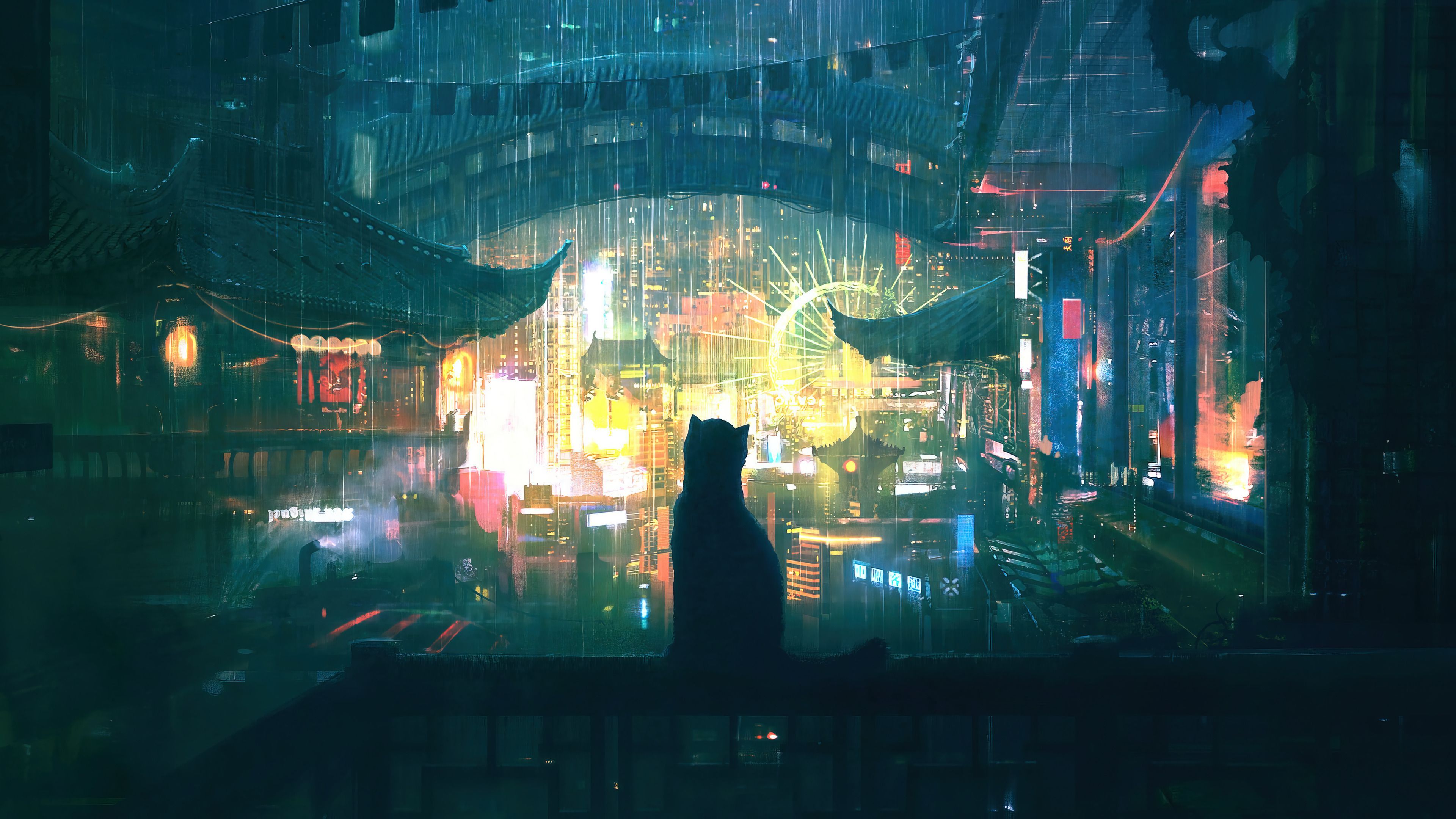 3840x2160 Cat Night City Wallpaper 4K HD PC h