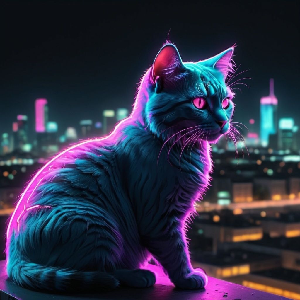 1024x1024 Realistic neon cat looking to a city
