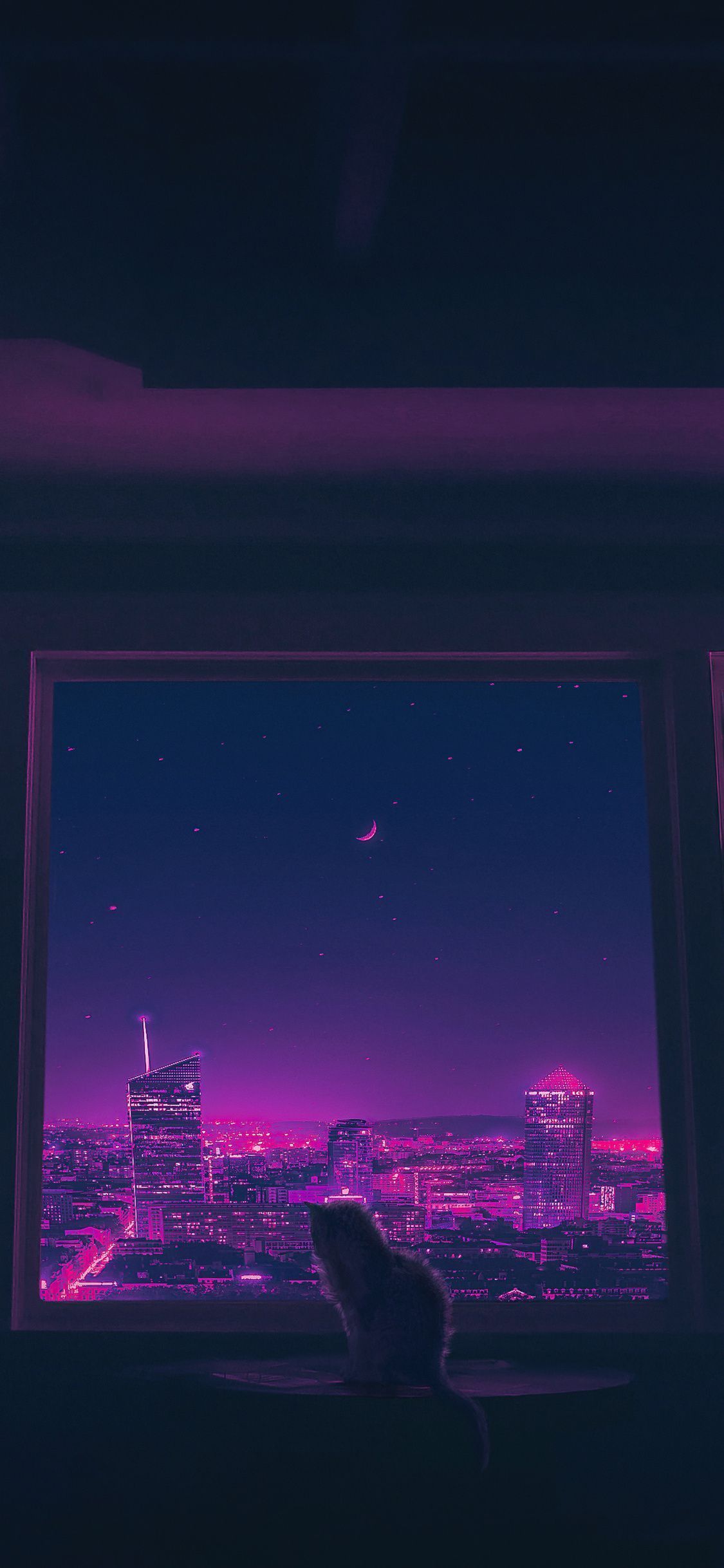 1125x2436 Cat Outside Synthwave City