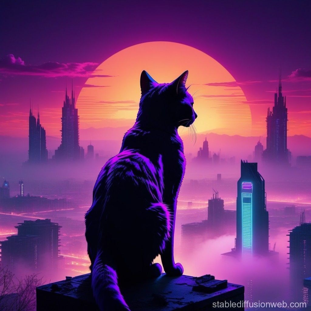 1024x1024 Cat Observes Burning City at Sunset