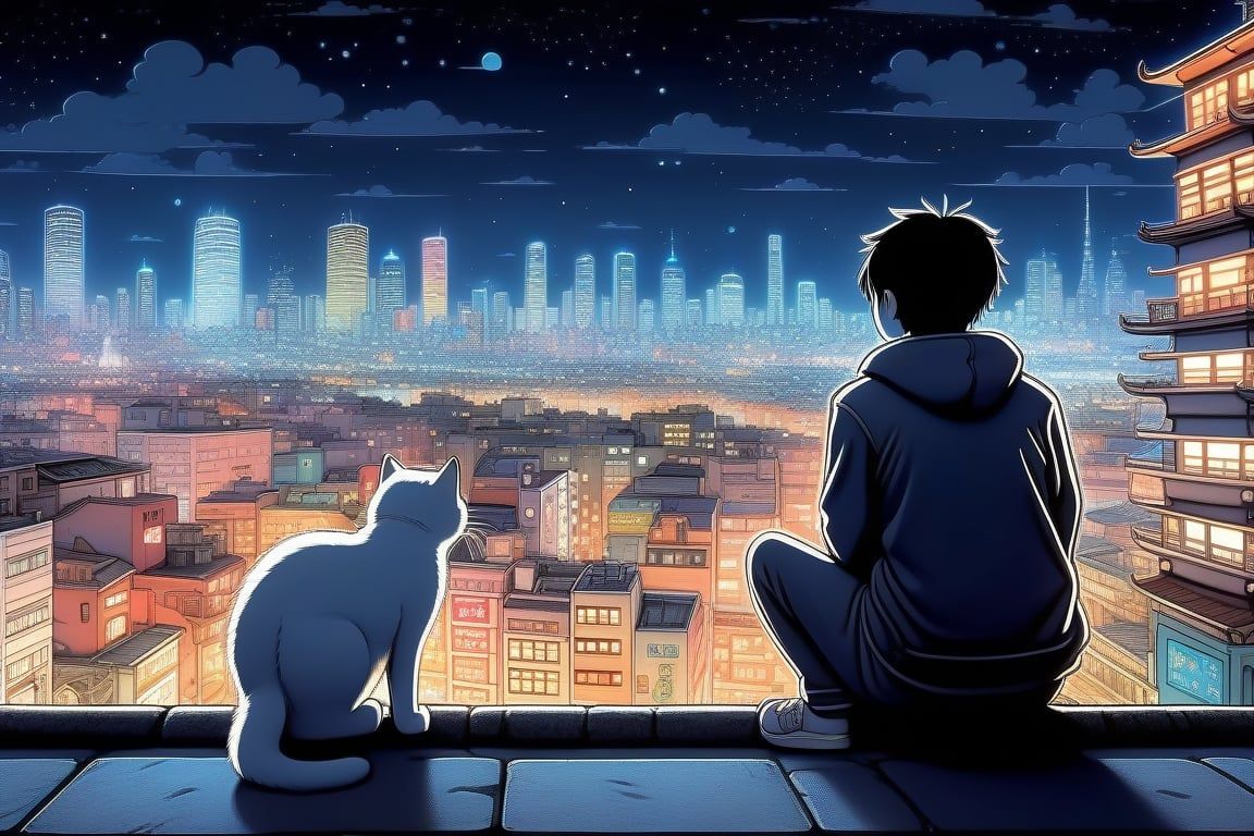 1152x768 cat watching big city at night. image