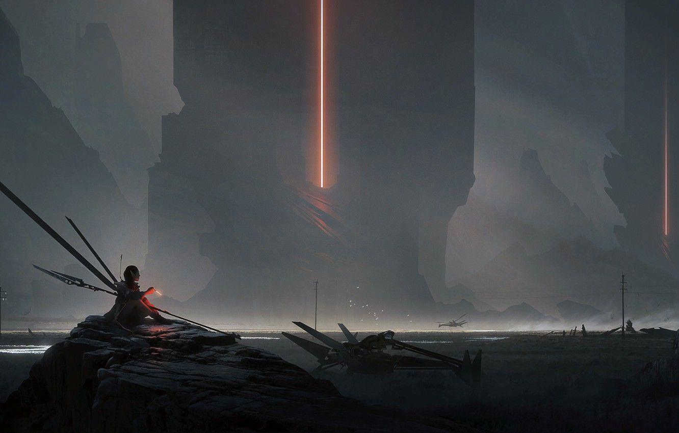 1332x850 Wallpaper lights, future, fantasy, landscape, rocks, weapons, elf, artwork, warrior, fantasy art, spears, futuristic, Towers, flying vehicles, futuristic landscape image for desktop, section фантастика