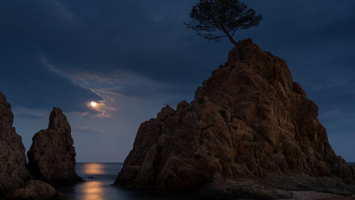 1244x700 Tossa de Mar Costa Brava Spain moonlight sea mountain