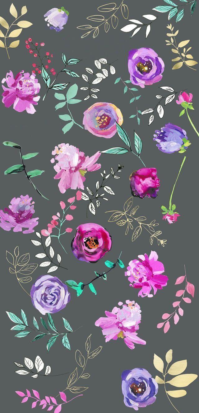 640x1326 Grey floral pink purple. iPhone wallpaper. Floral