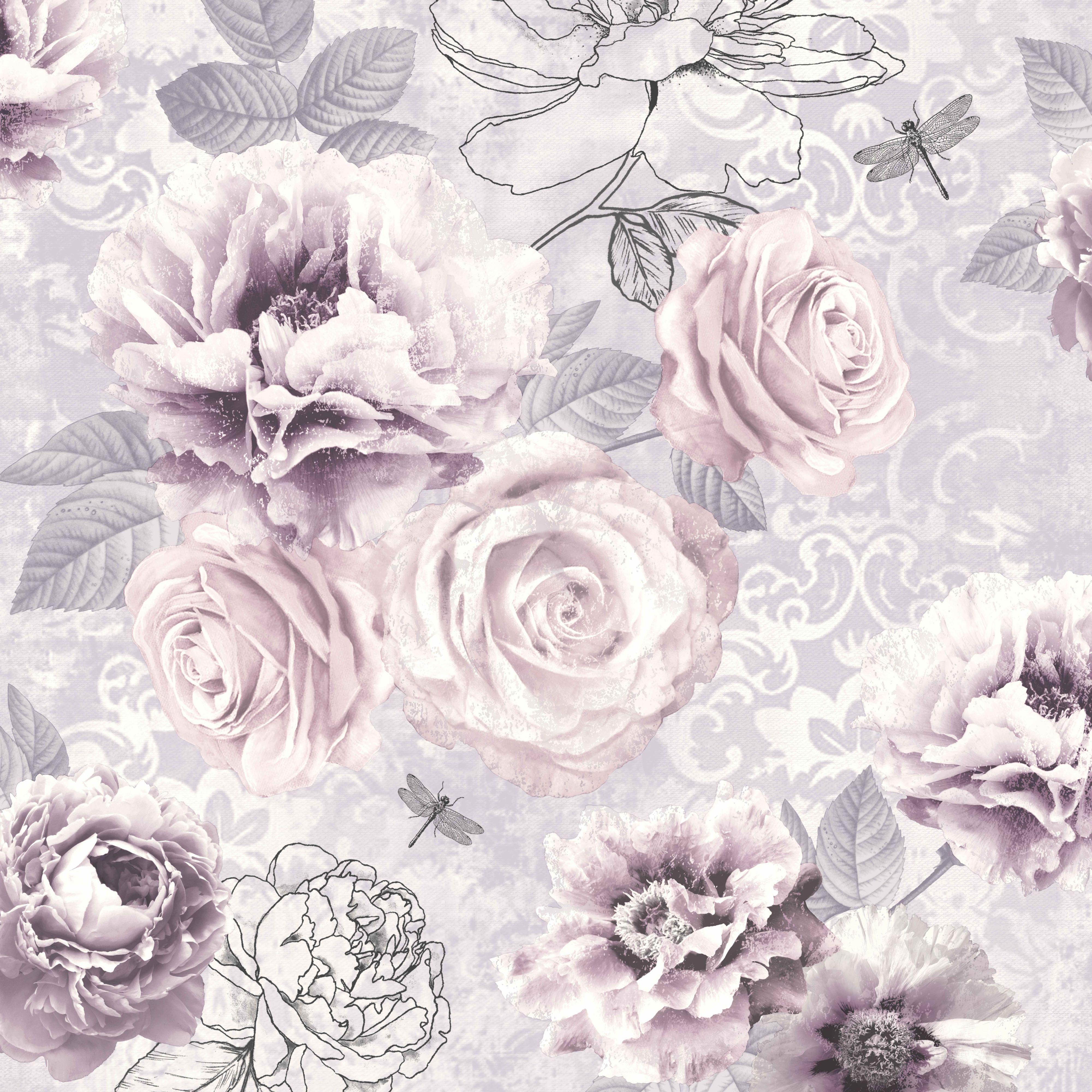 Floral Wallpaper  Vintage  Modern  Grey Pink Blue