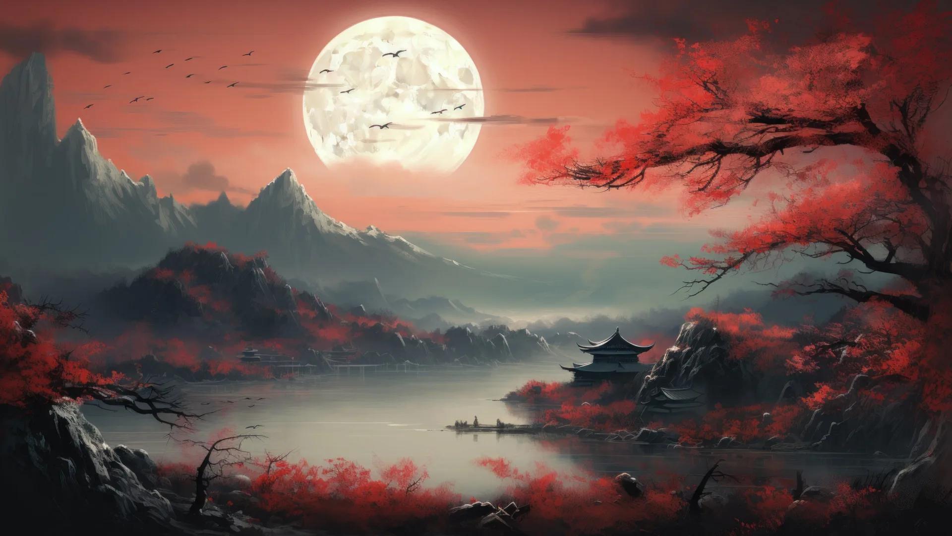 1920x1080 Moon River Japanese Painting AI