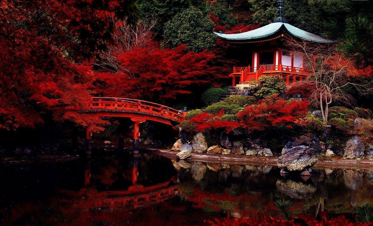 1234x750 Wallpaper Red and Brown Wooden Bridge