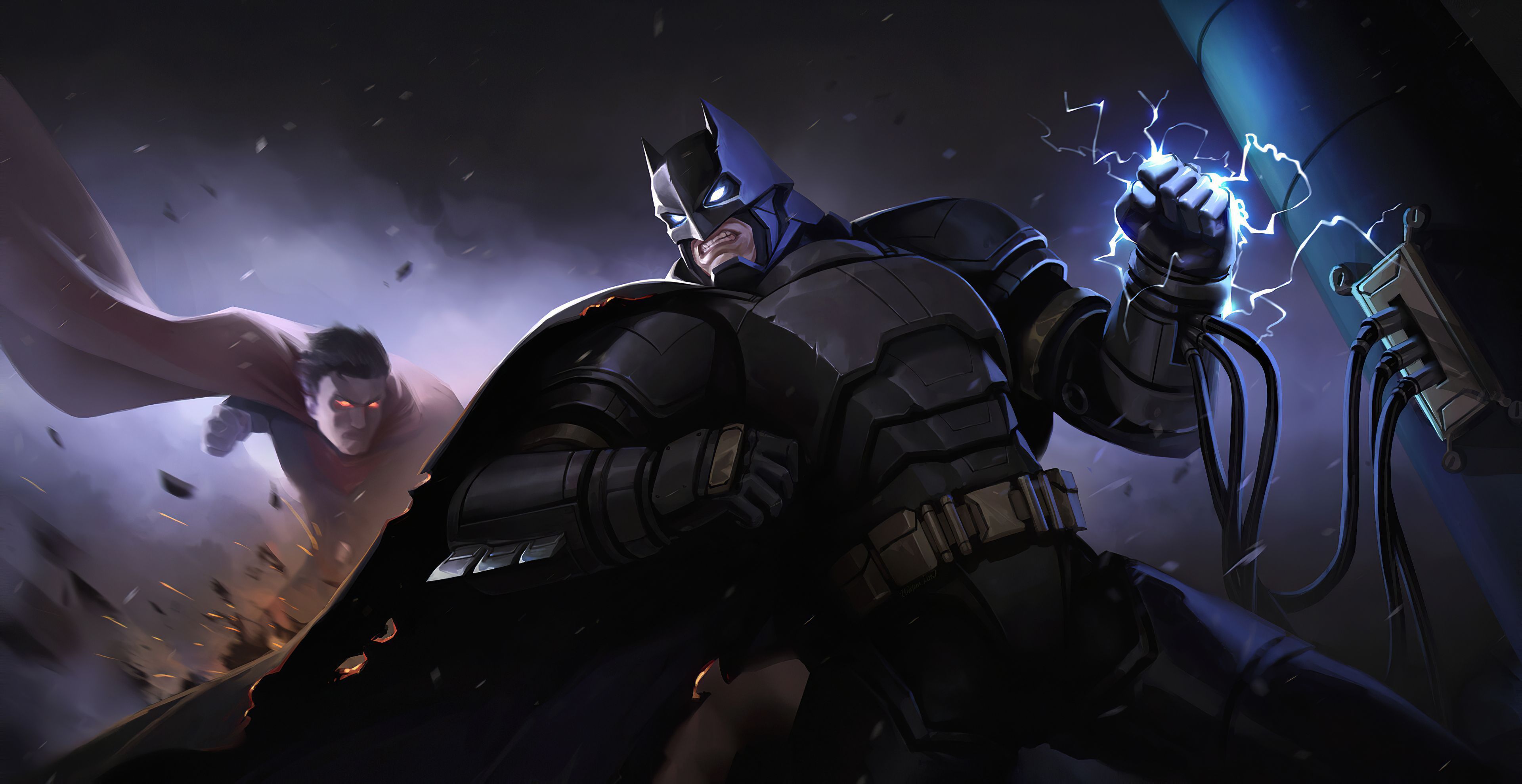 3840x1980 Batman and Superman in the back Wallpaper 4K for Desktop