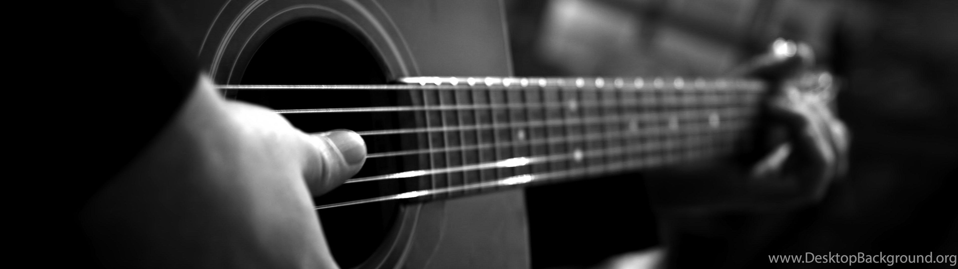 3840x1080 Black and White Acoustic Guitar Wallpaper