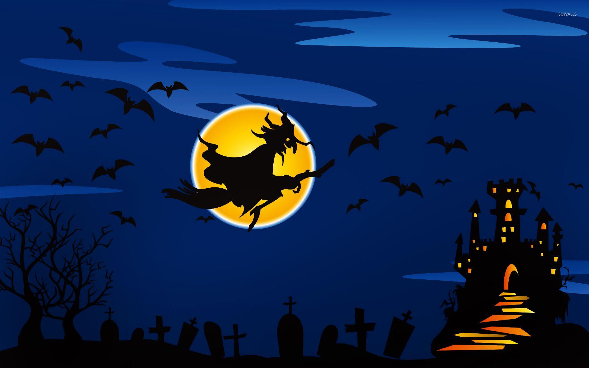 1920x1200 Witch flying over the haunted castle wallpaper wallpaper