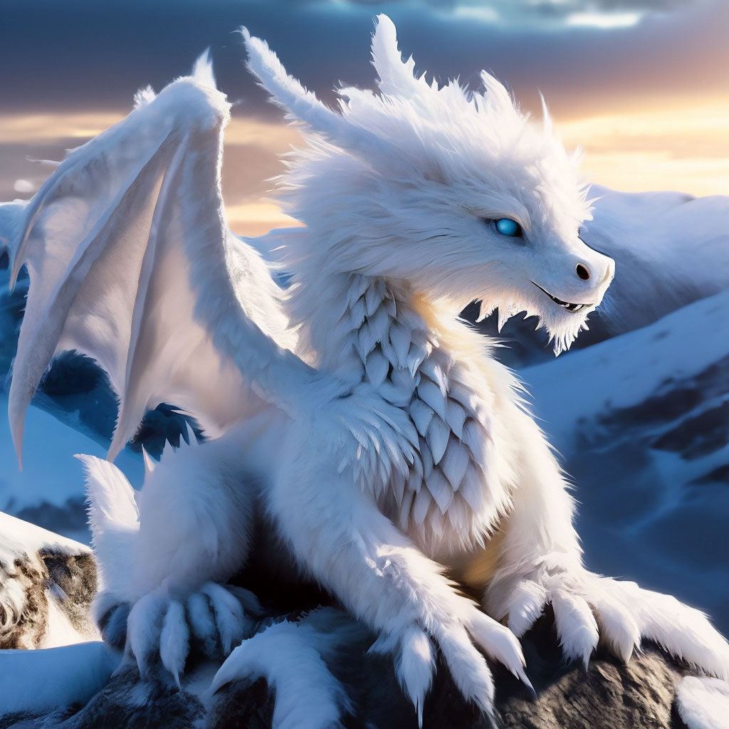 1024x1024 An icy very fluffy dragon sits on a