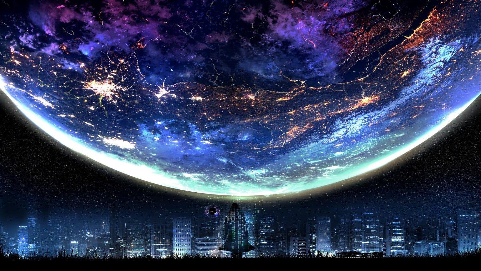 1536x864 Night cityscape and view of full moon HD wallpaper