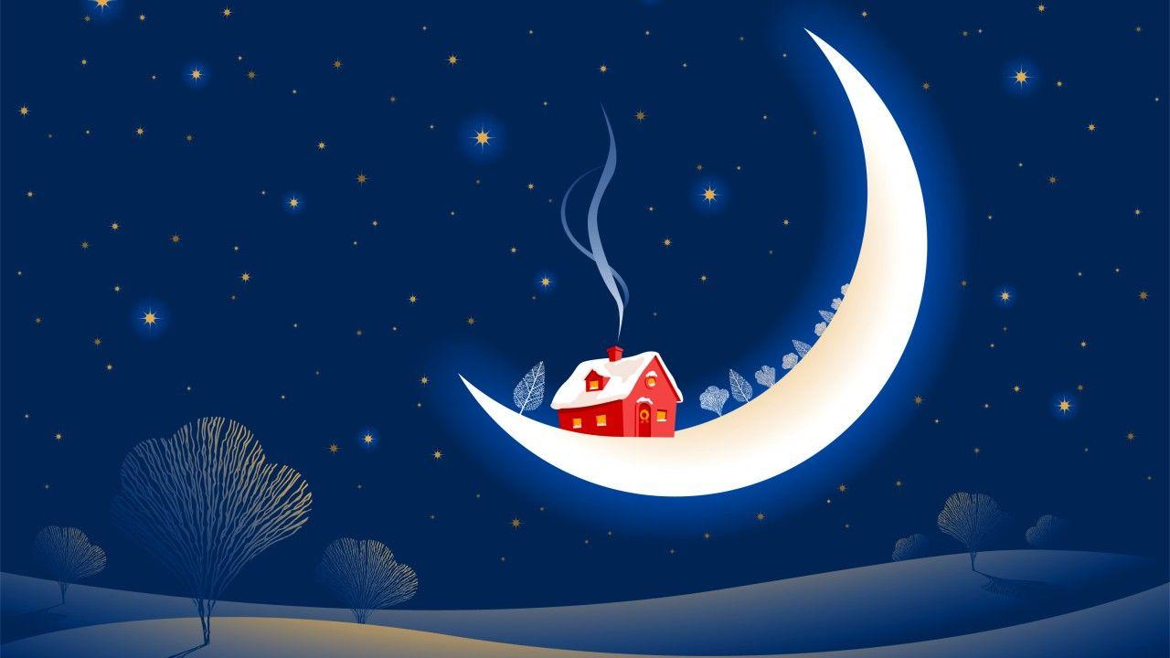 1280x720 Wallpaper Half moon, House, HD, Creative Graphics