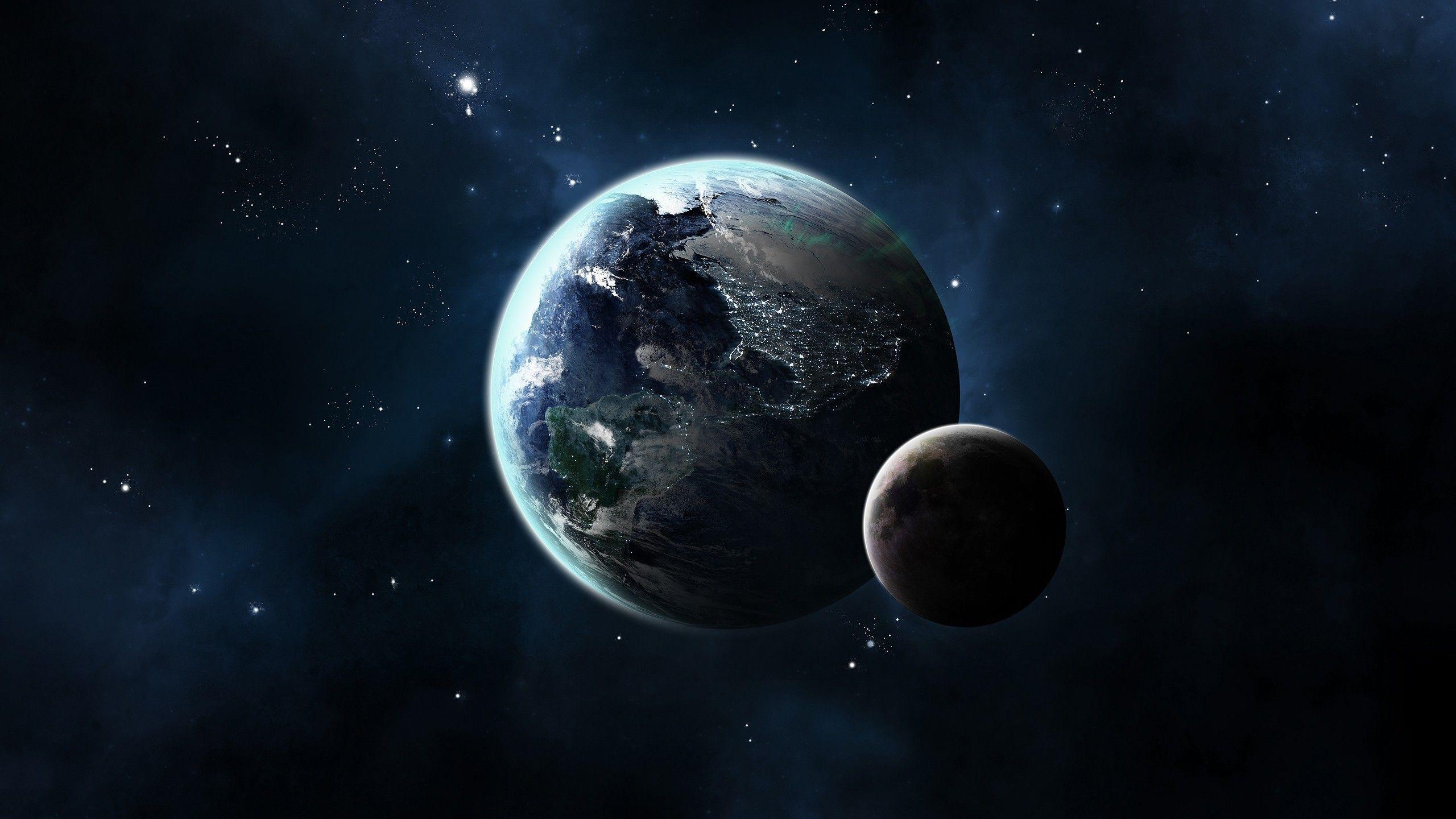 2560x1440 CG Render, Space, Planet, Moon, Stars, Earth Wallpaper HD