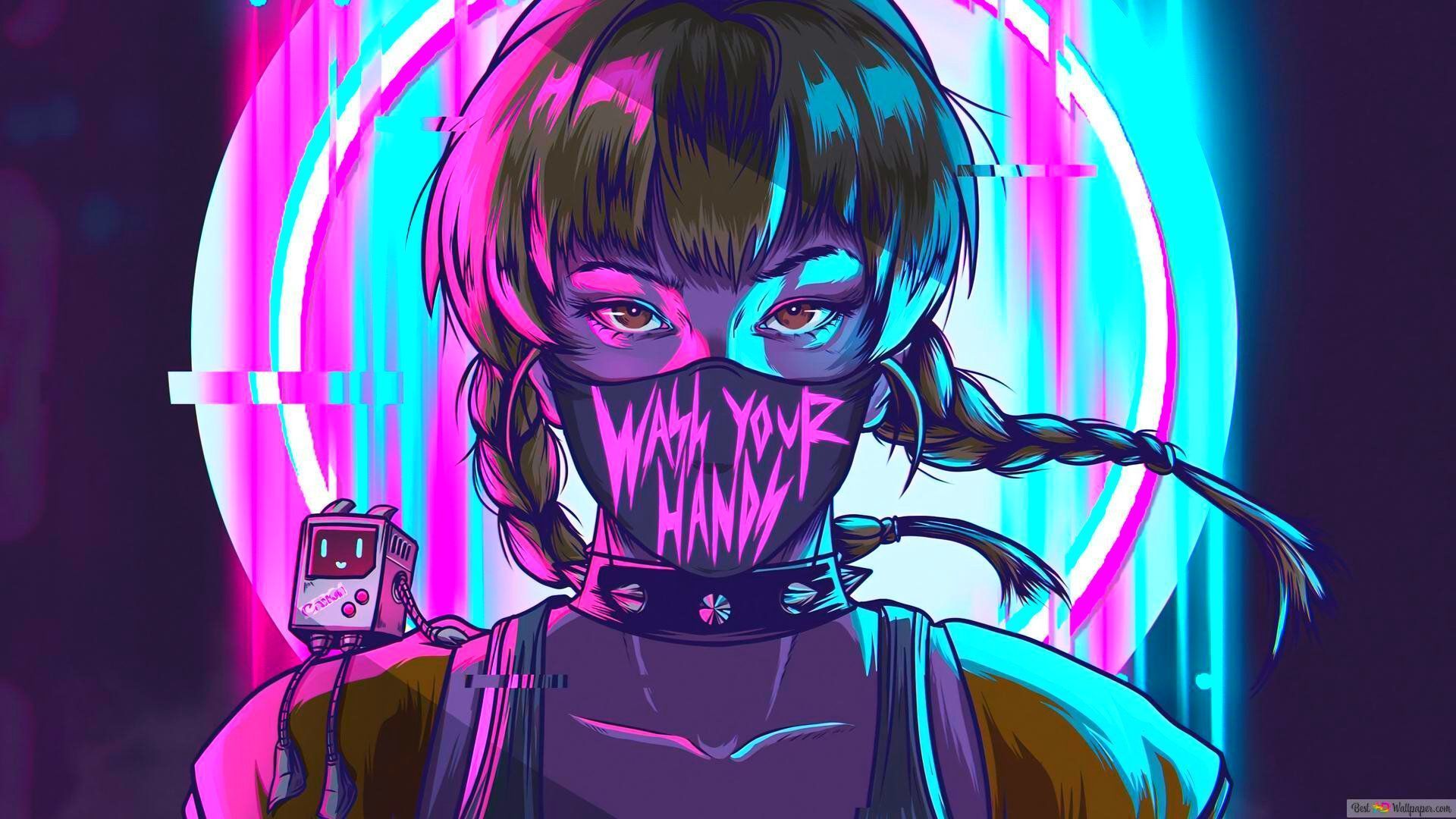 1920x1080 Anime Girl Neon Mask COVID 19 HD Wallpaper