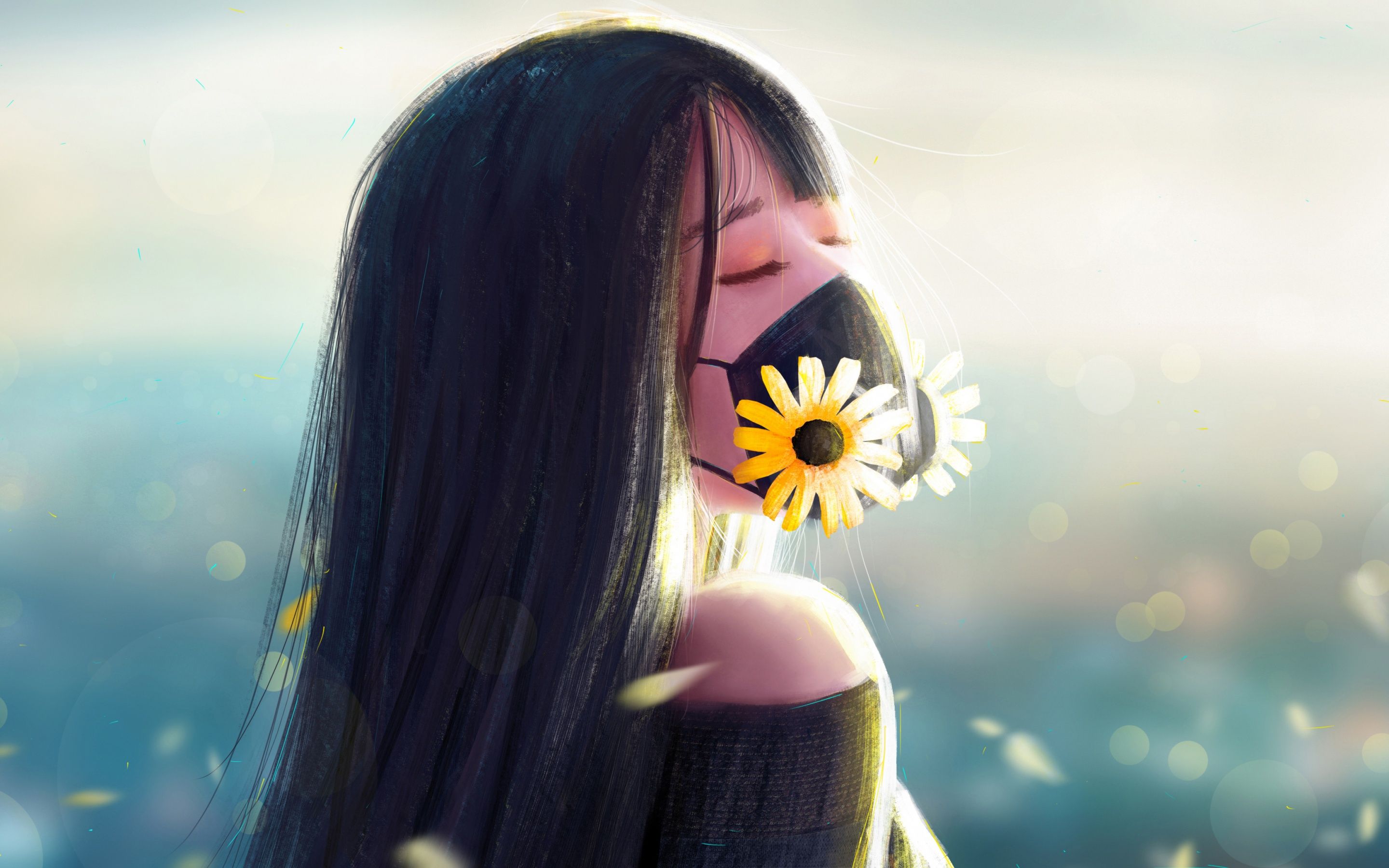 2880x1800 Girl Wallpaper 4K, Mask, Floral, Mood